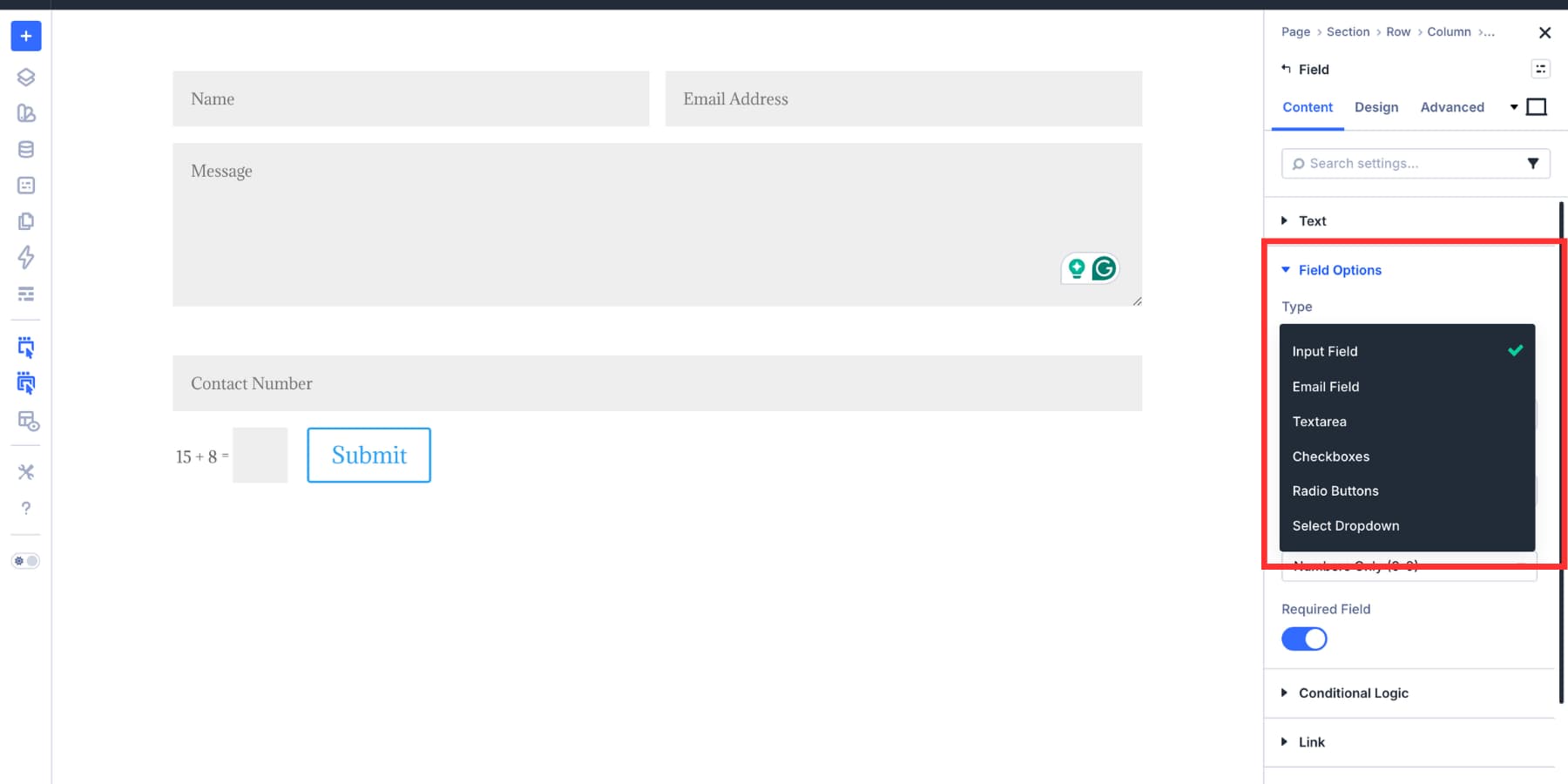 A screenshot of the field type options in Divi 5