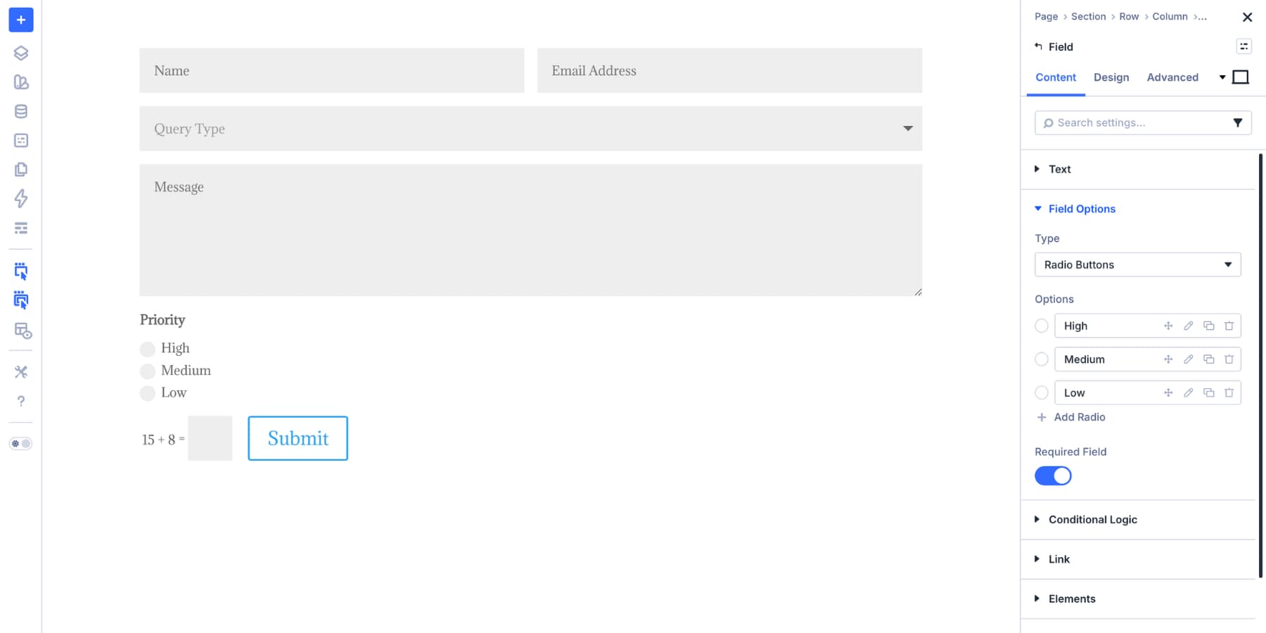 A screenshot of example fields added to a Contact Form module in Divi 5