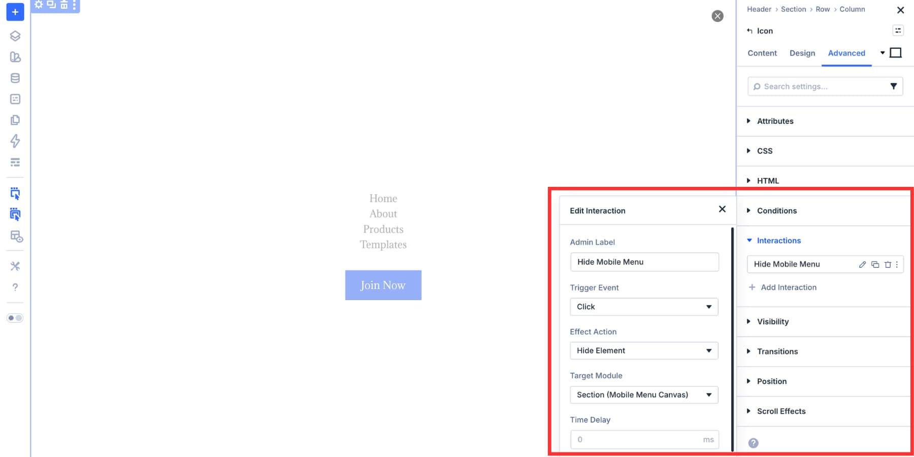 Adding a click interaction to a close icon in a Divi 5 Canvas
