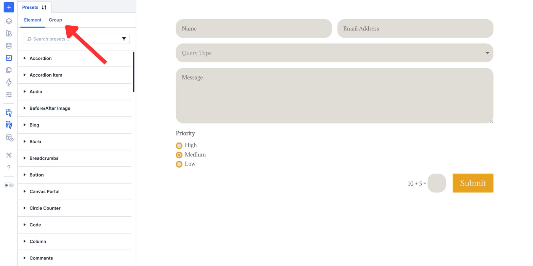 A screenshot of the Element and Group tabs in the Divi 5 Preset Manager