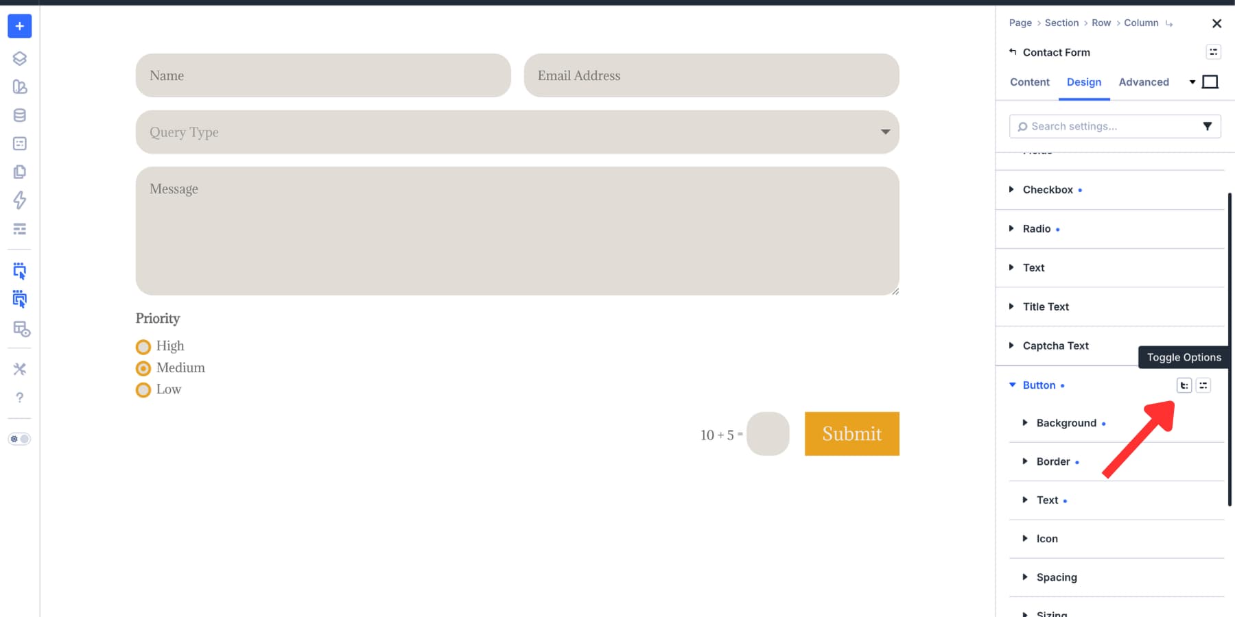 A screenshot of the Toggle Options button for a design group in Divi 5
