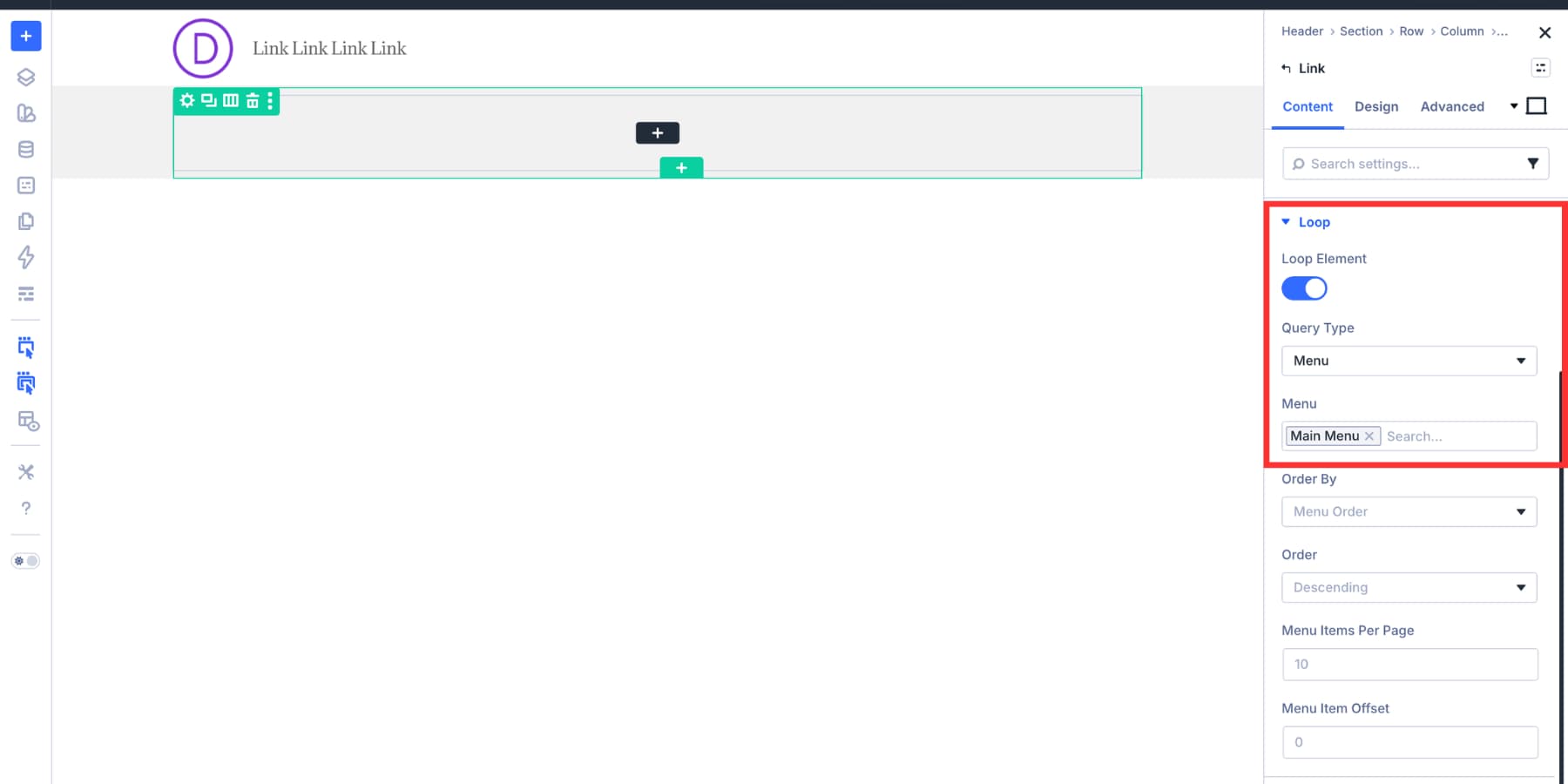 Turning on the Loop Element toggle for a Link Module in Divi 5
