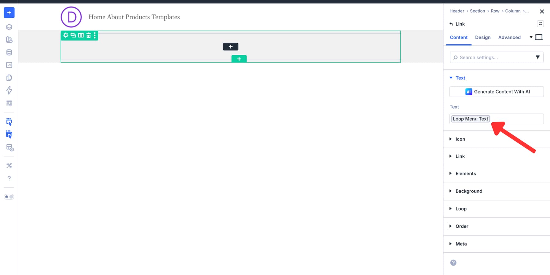 Applying the Loop Menu Text dynamic tag to a Link Module label in Divi 5