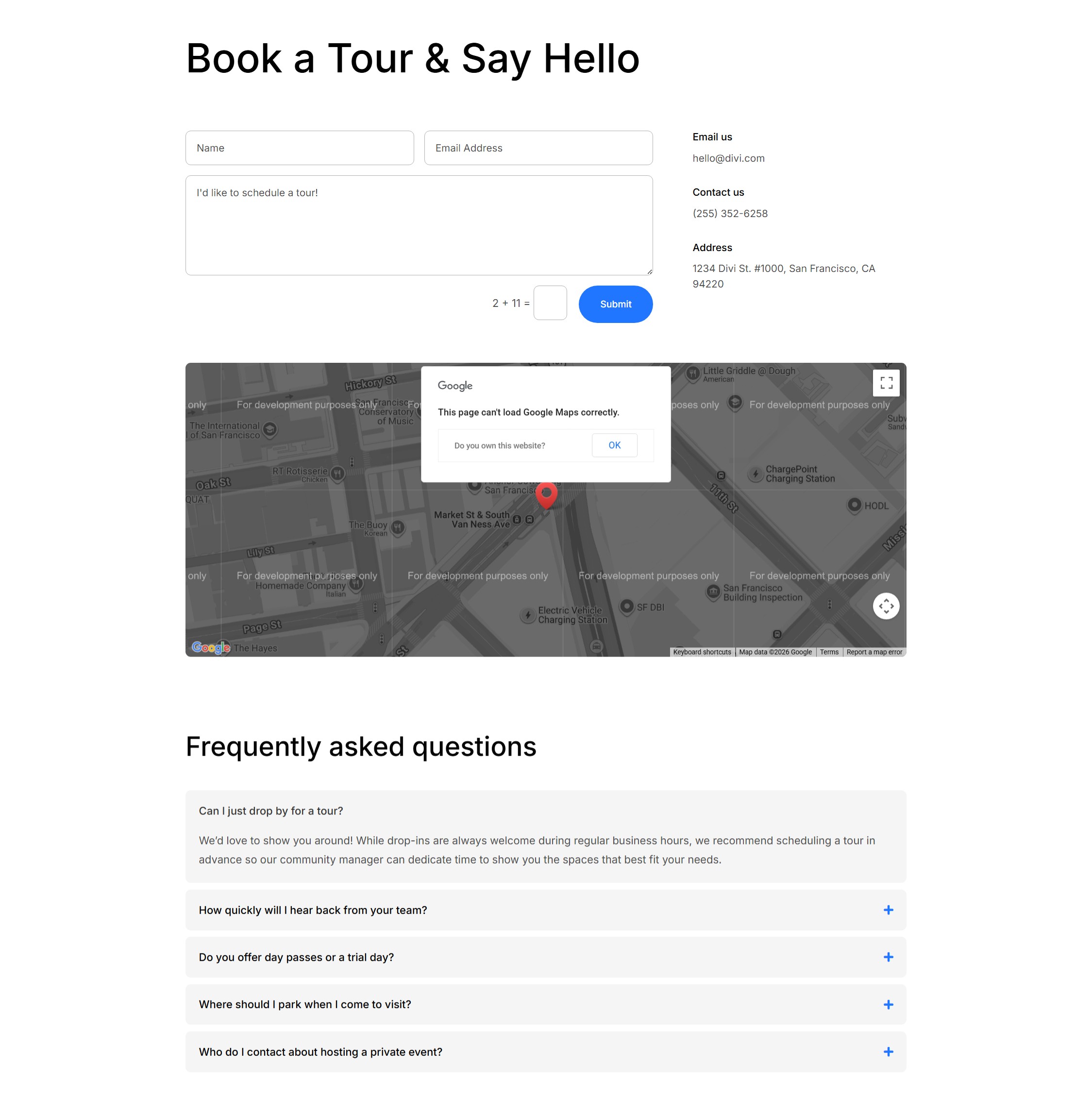 Contact page design for the Divi 5 coworking website