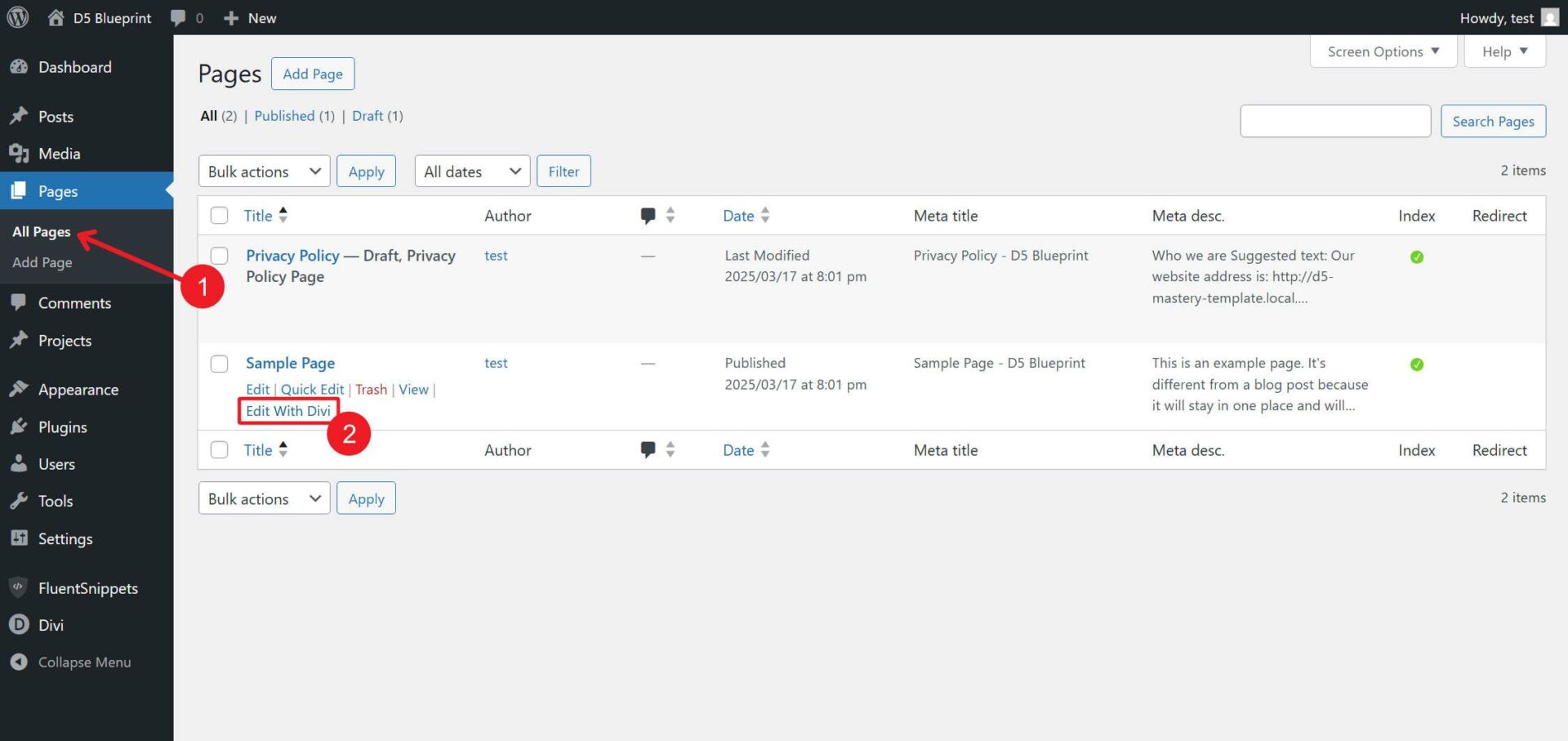 Divi Page List Hover Over page to Edit with Divi
