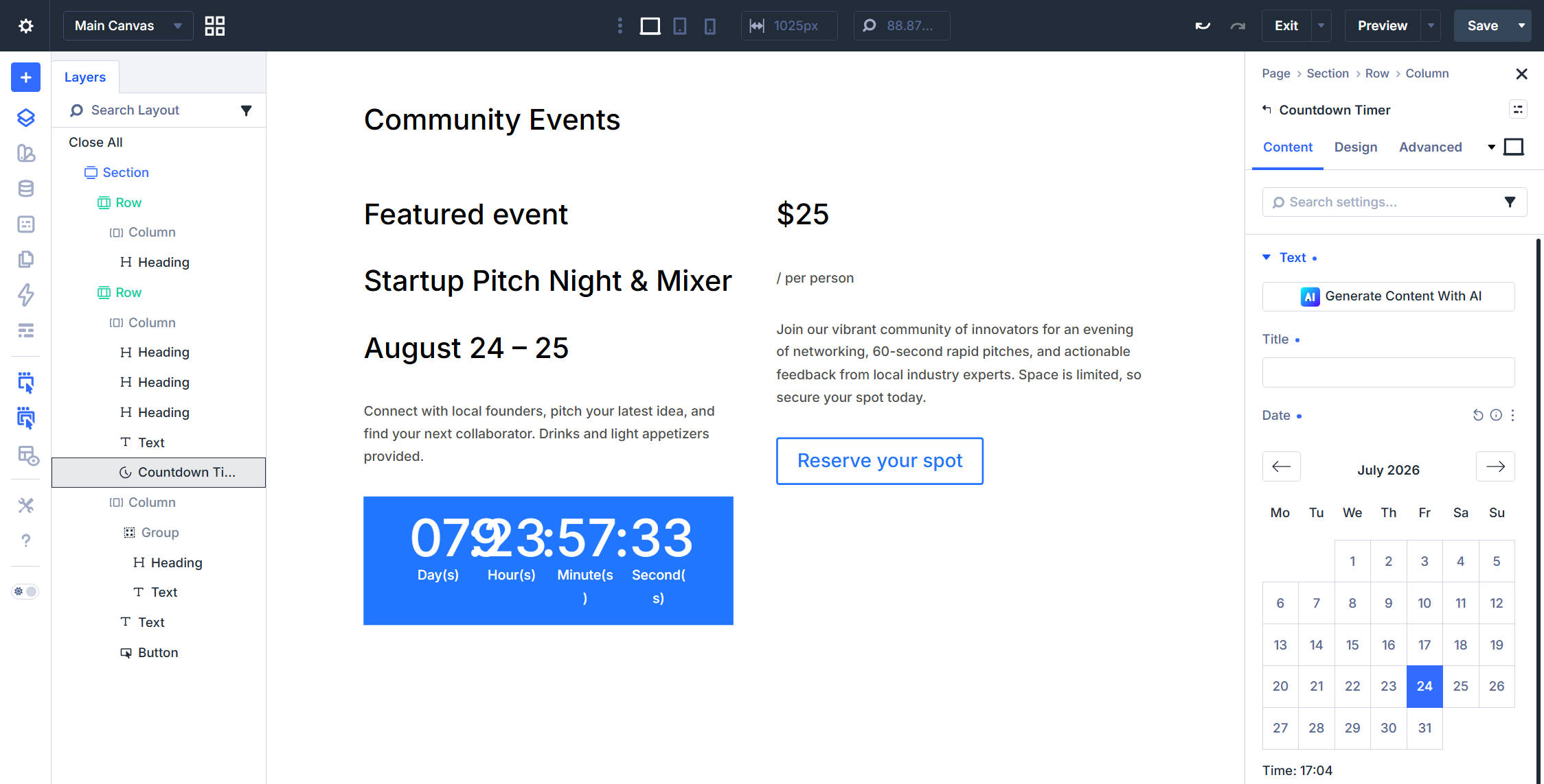 Featured event content before layout refinements in Divi 5