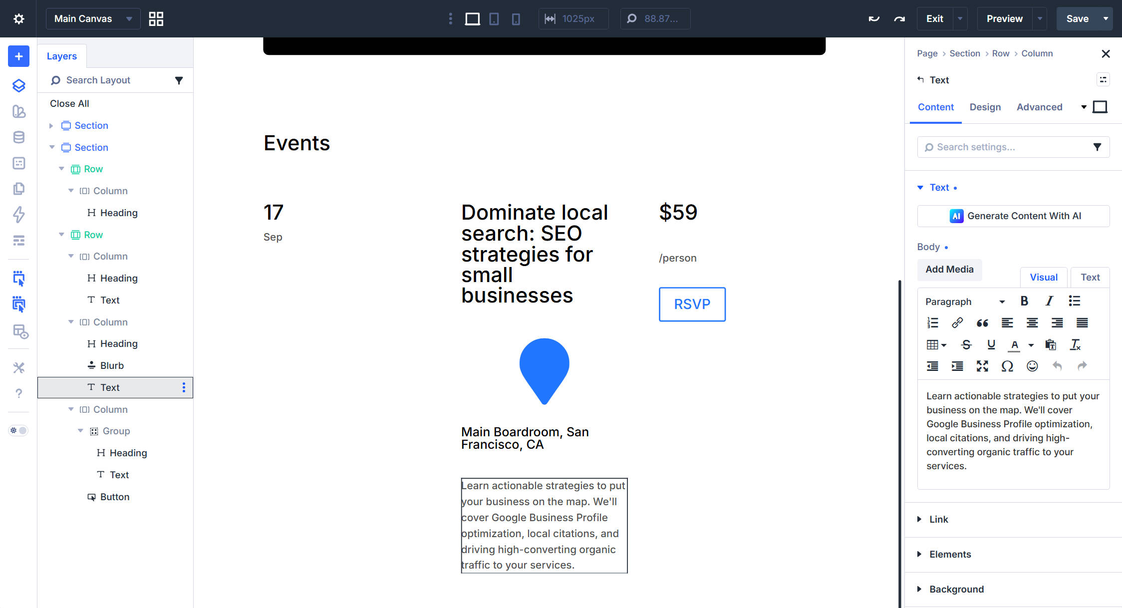First event list card with content and icon in Divi 5