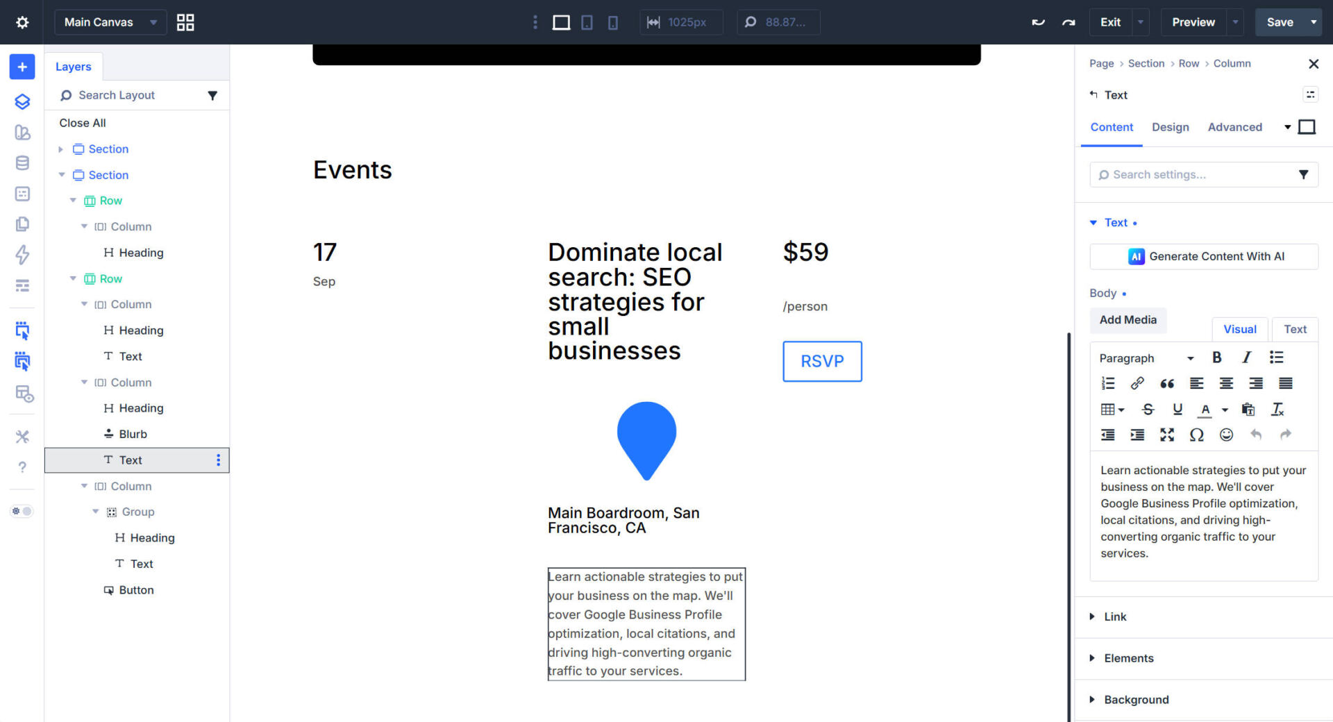 First event list card with content and icon in Divi 5