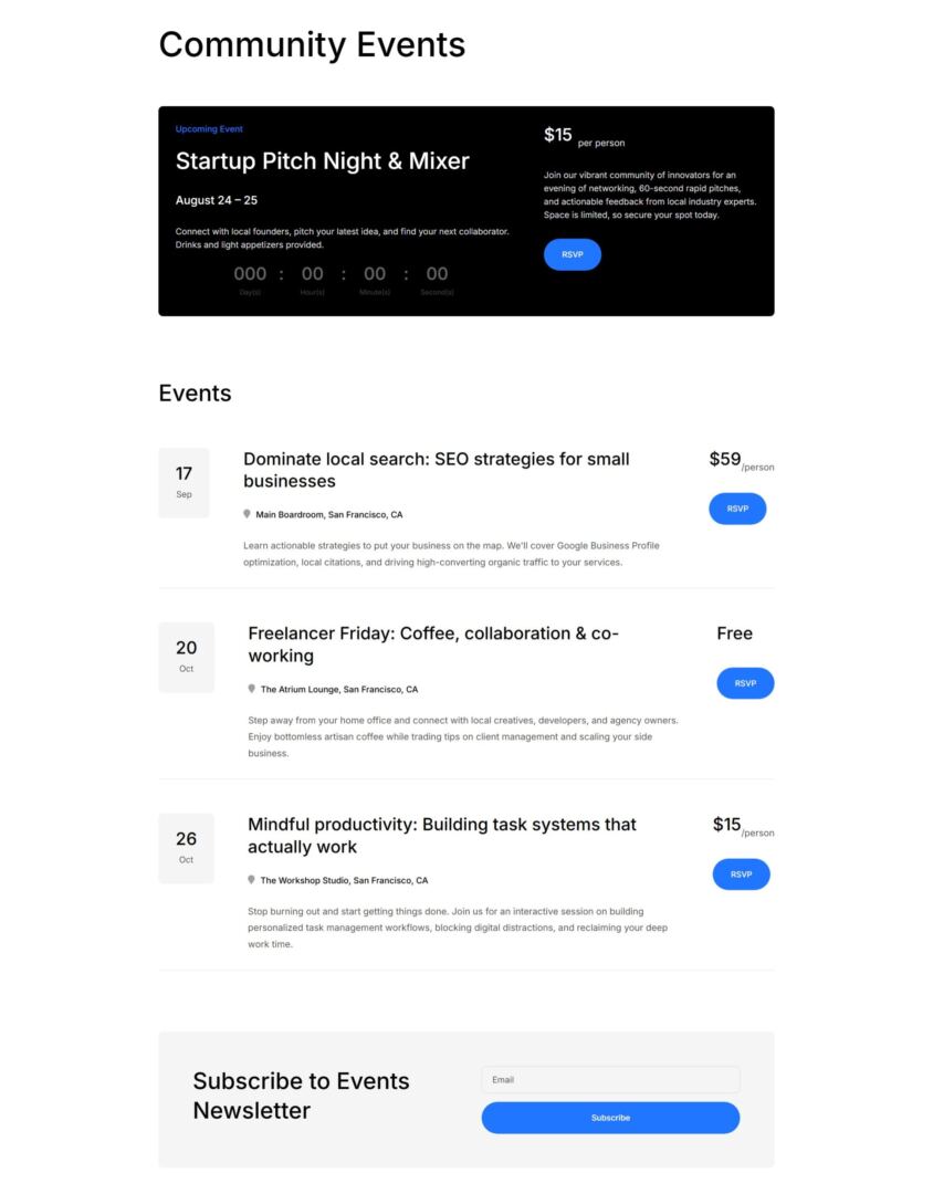 Events page design for the Divi 5 coworking website