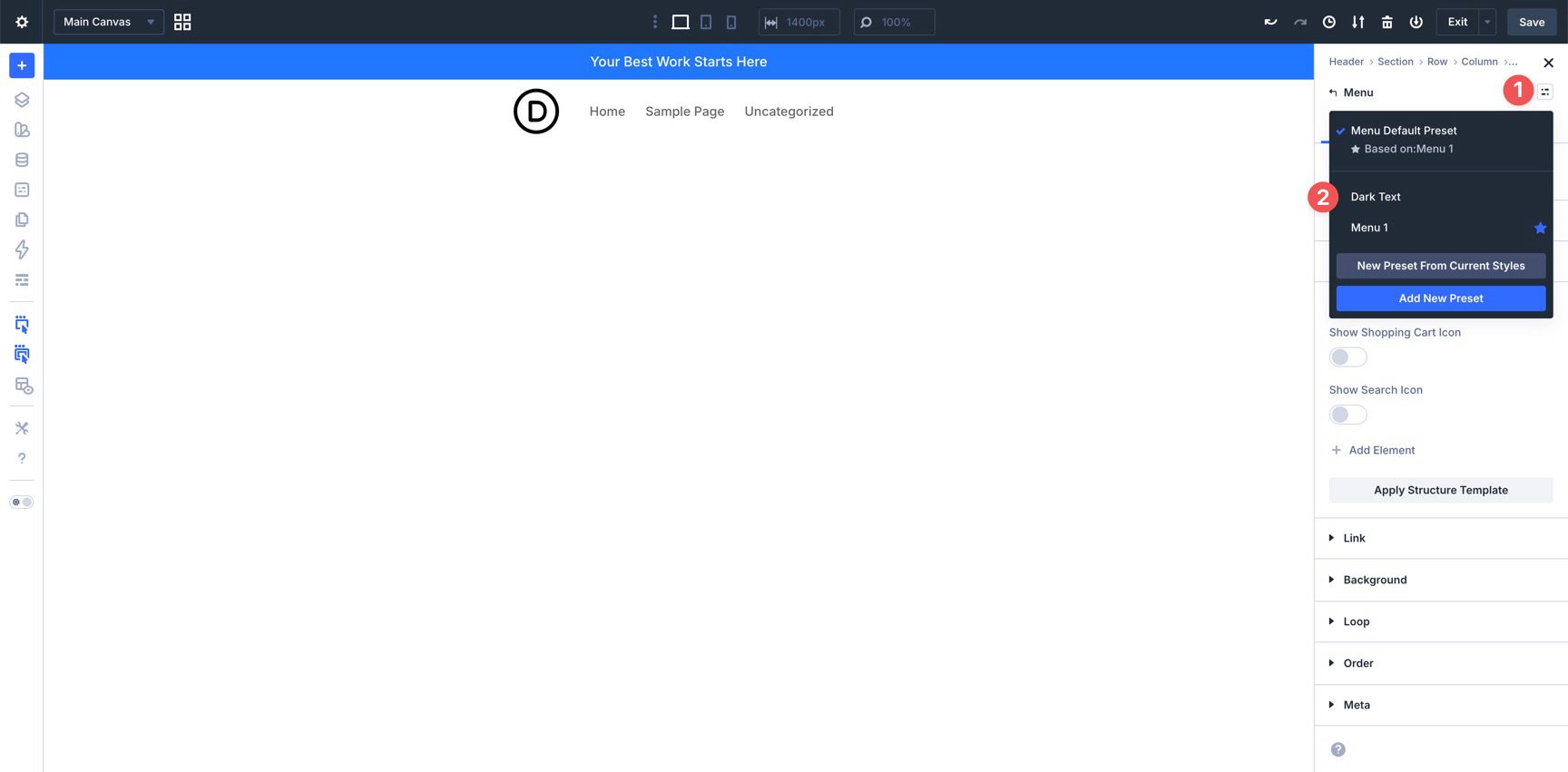 Apply the Dark Text preset to the Menu module in Divi 5