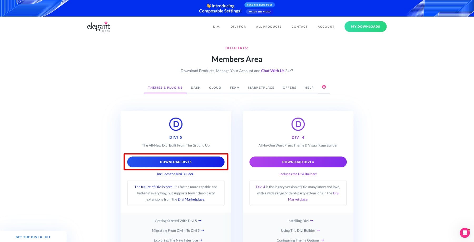 Download Divi 5 from an Elegant Themes account