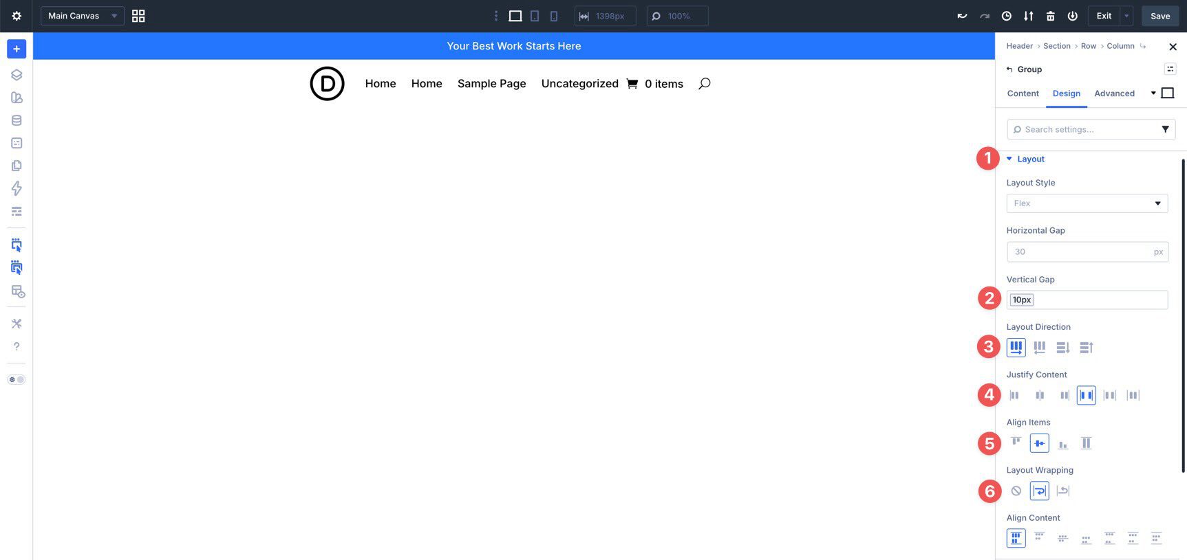 Group module Flexbox settings for the custom header