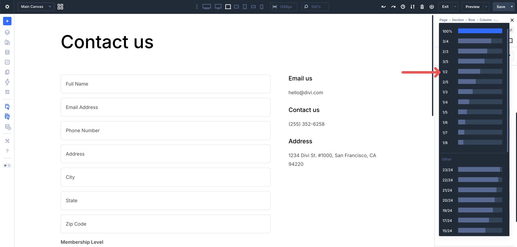 Set a form field Column Class to one half in Divi 5