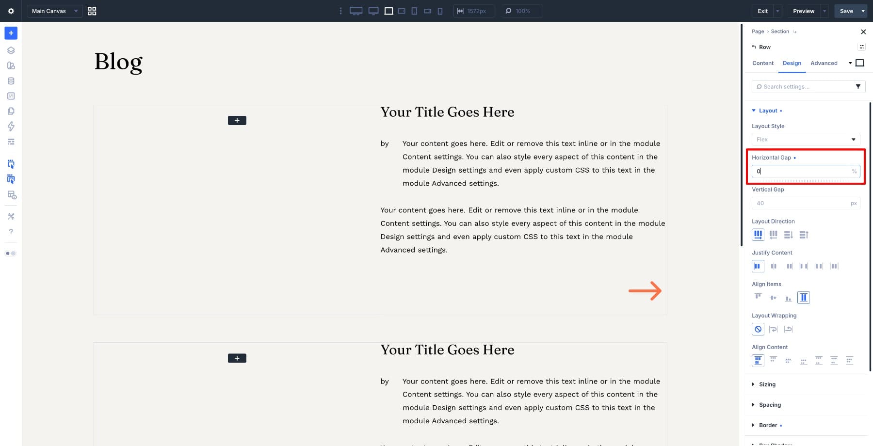 Horizontal gap set to 0 in Divi Builder