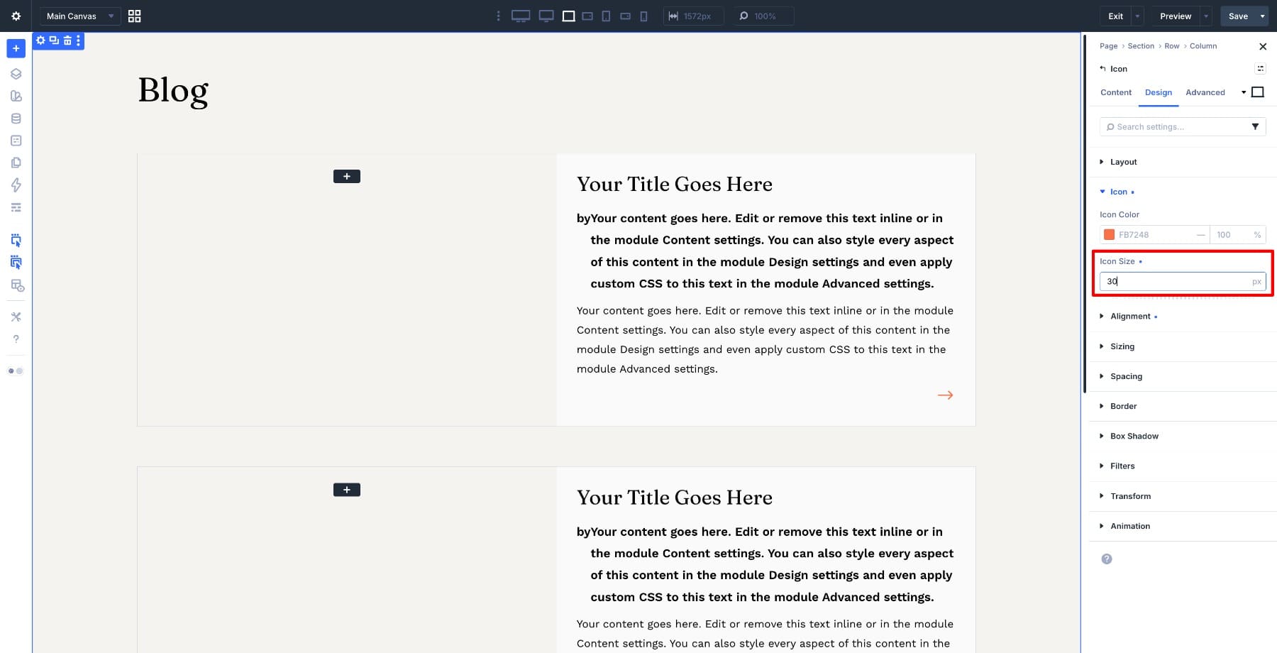 Icon size settings in Divi Builder