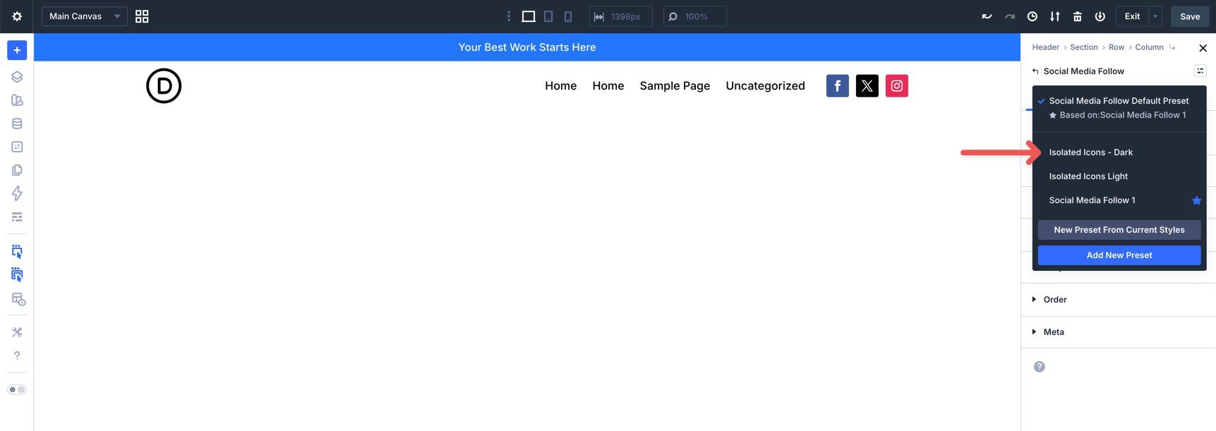 Apply the Isolated Icons - Dark preset in Divi 5