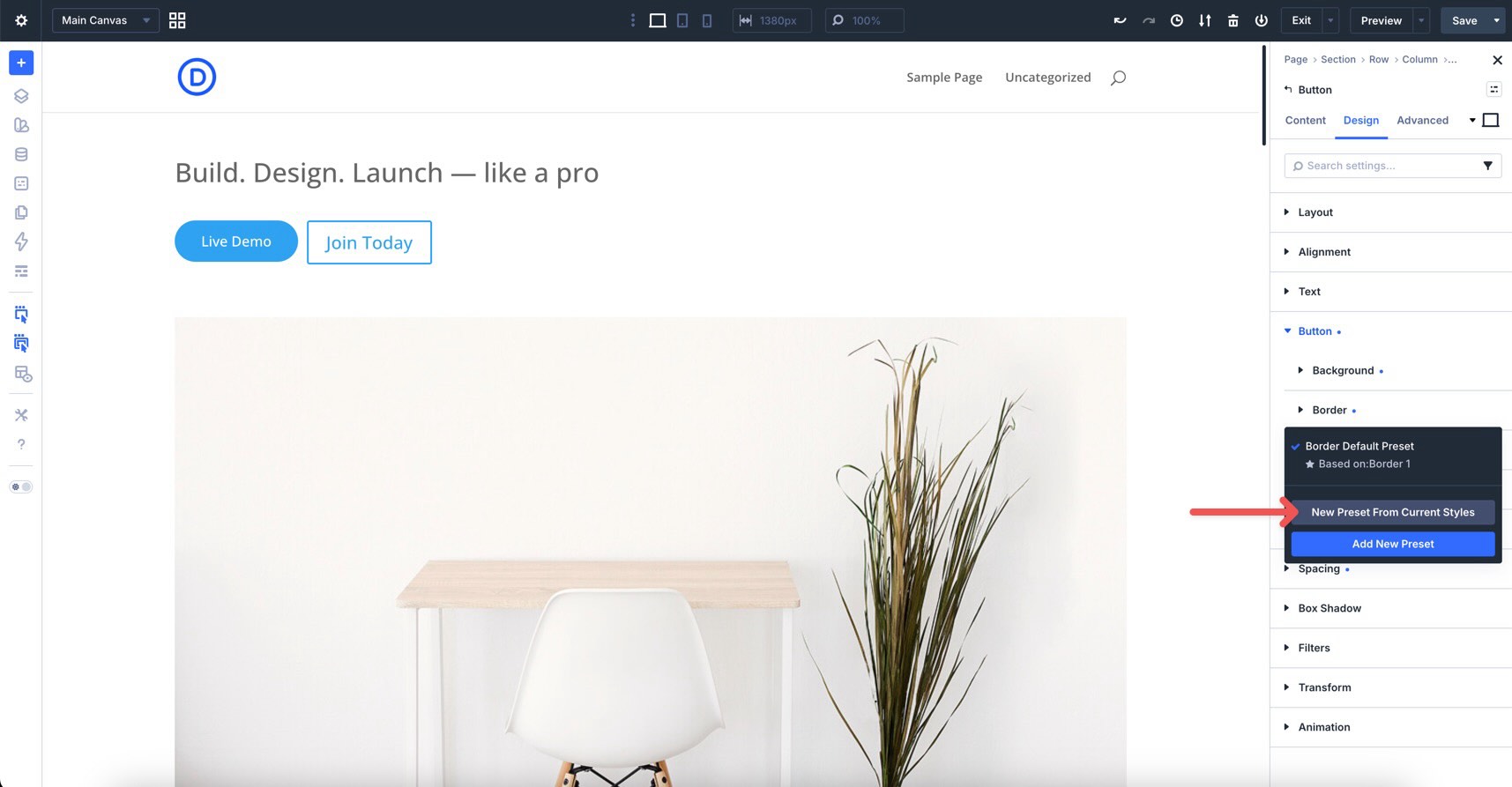 Create a new preset from current styles in Divi 5