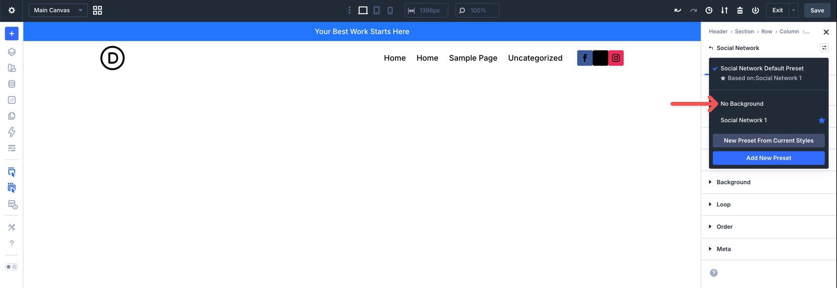 Apply the No Background preset to a Social Network item