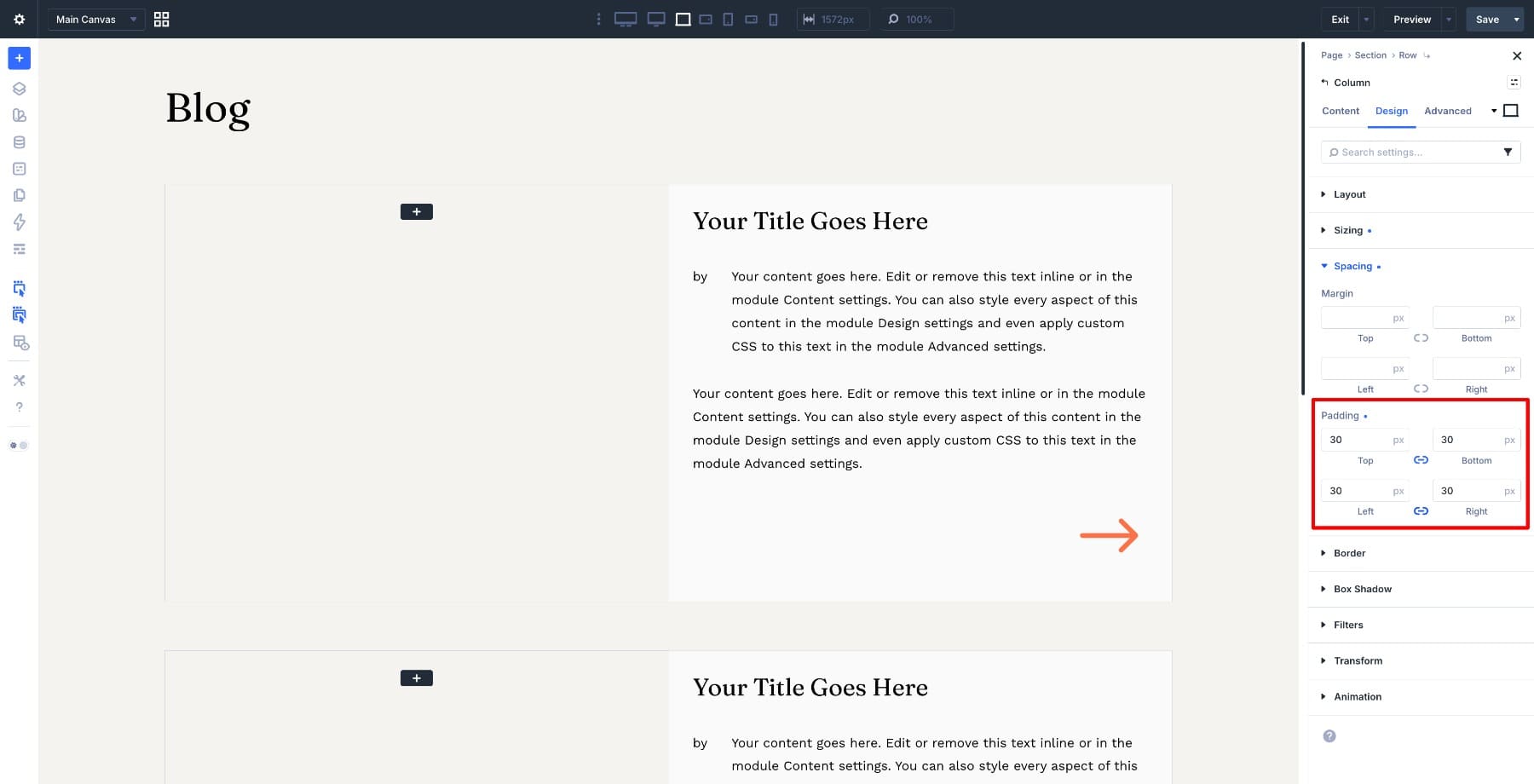 Column padding set to 30px in Divi Builder