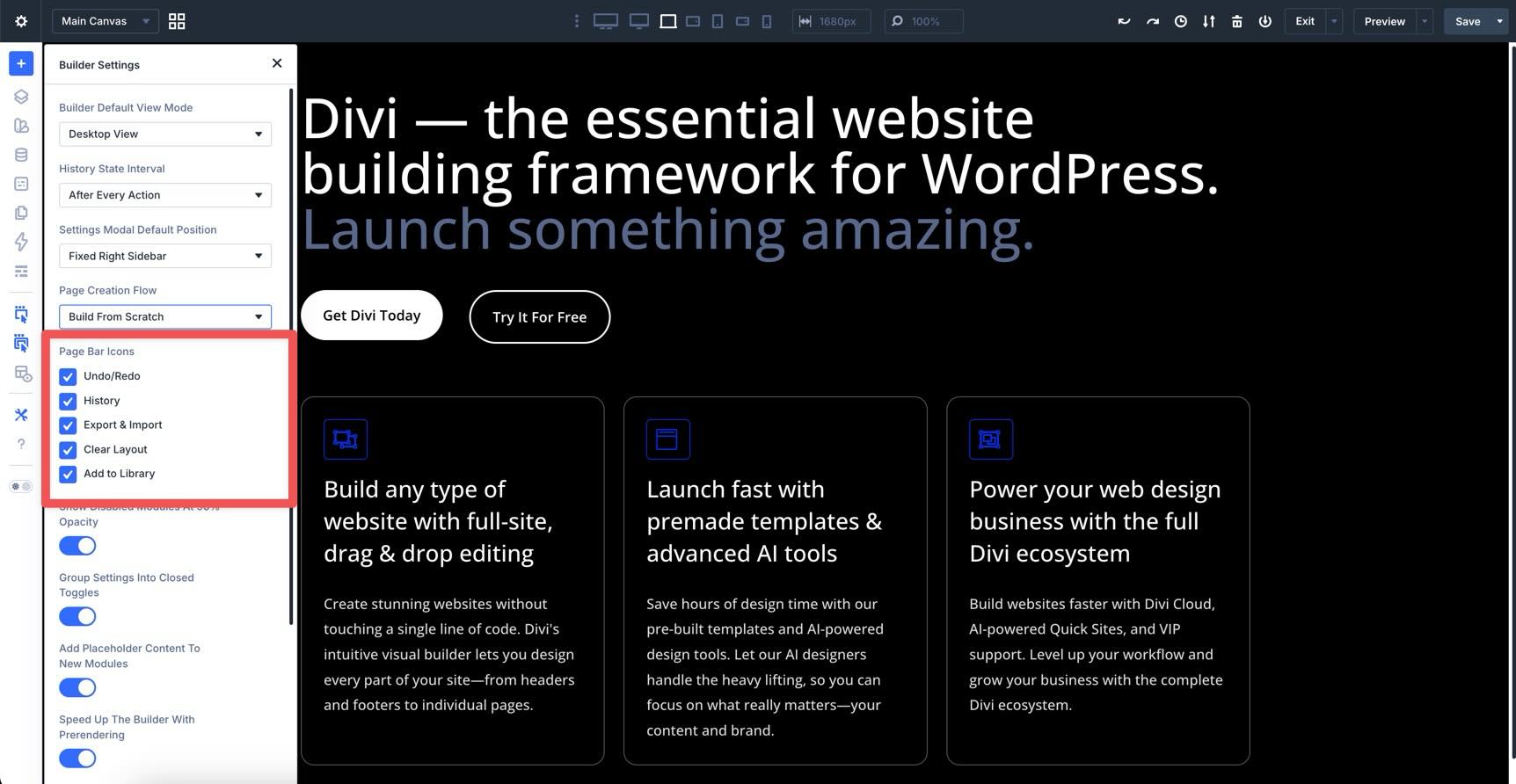 page bar icons in builder bar