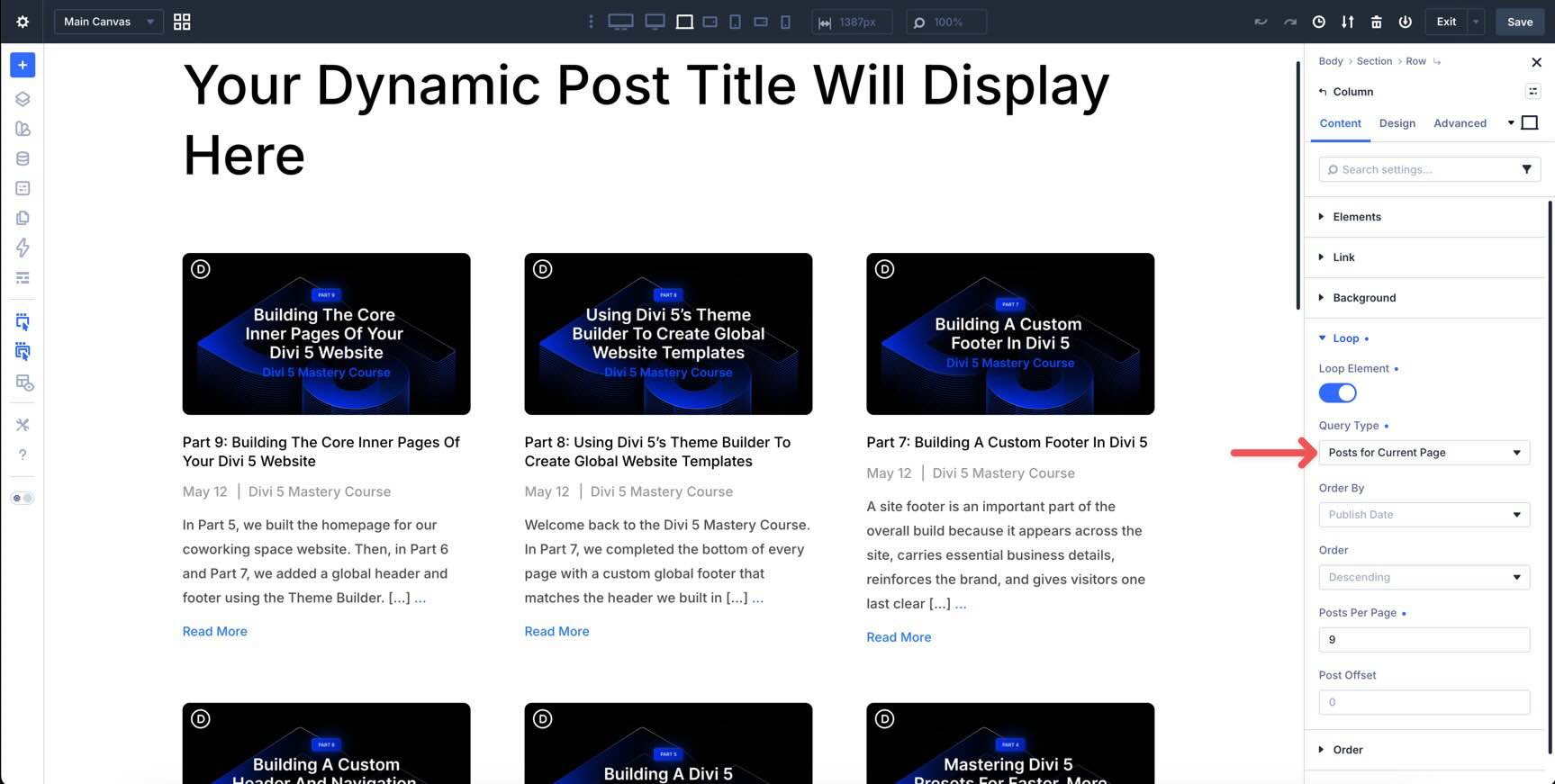 Divi Theme Builder > posts for current page