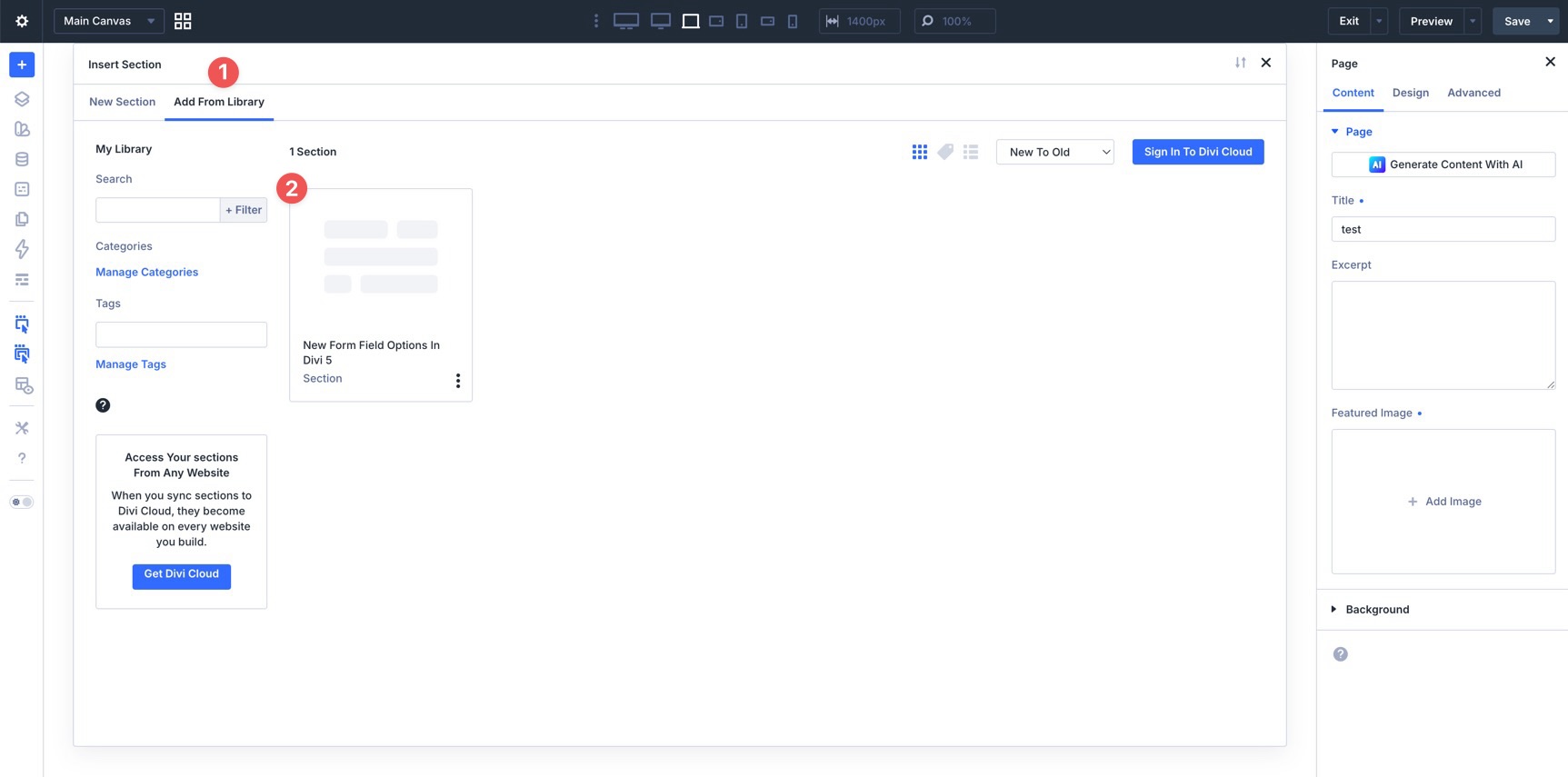 Select a saved Section from the Divi Library