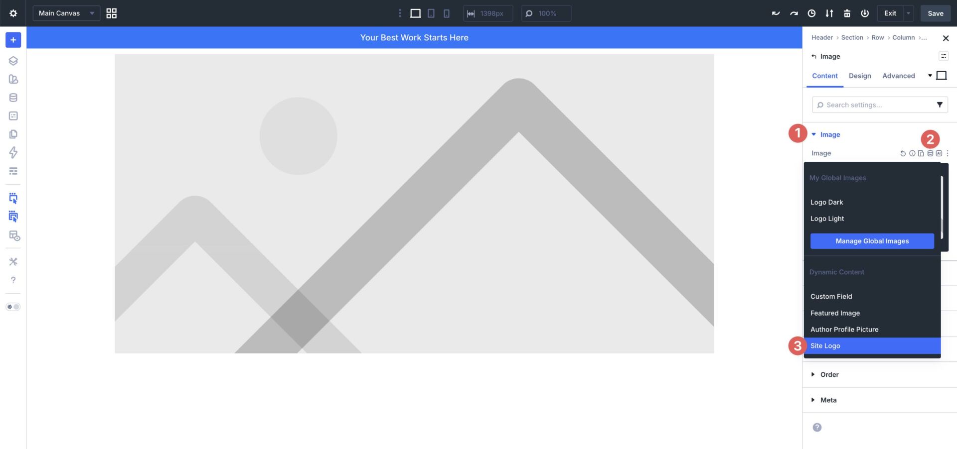 Select the Site Logo dynamic content option in Divi 5