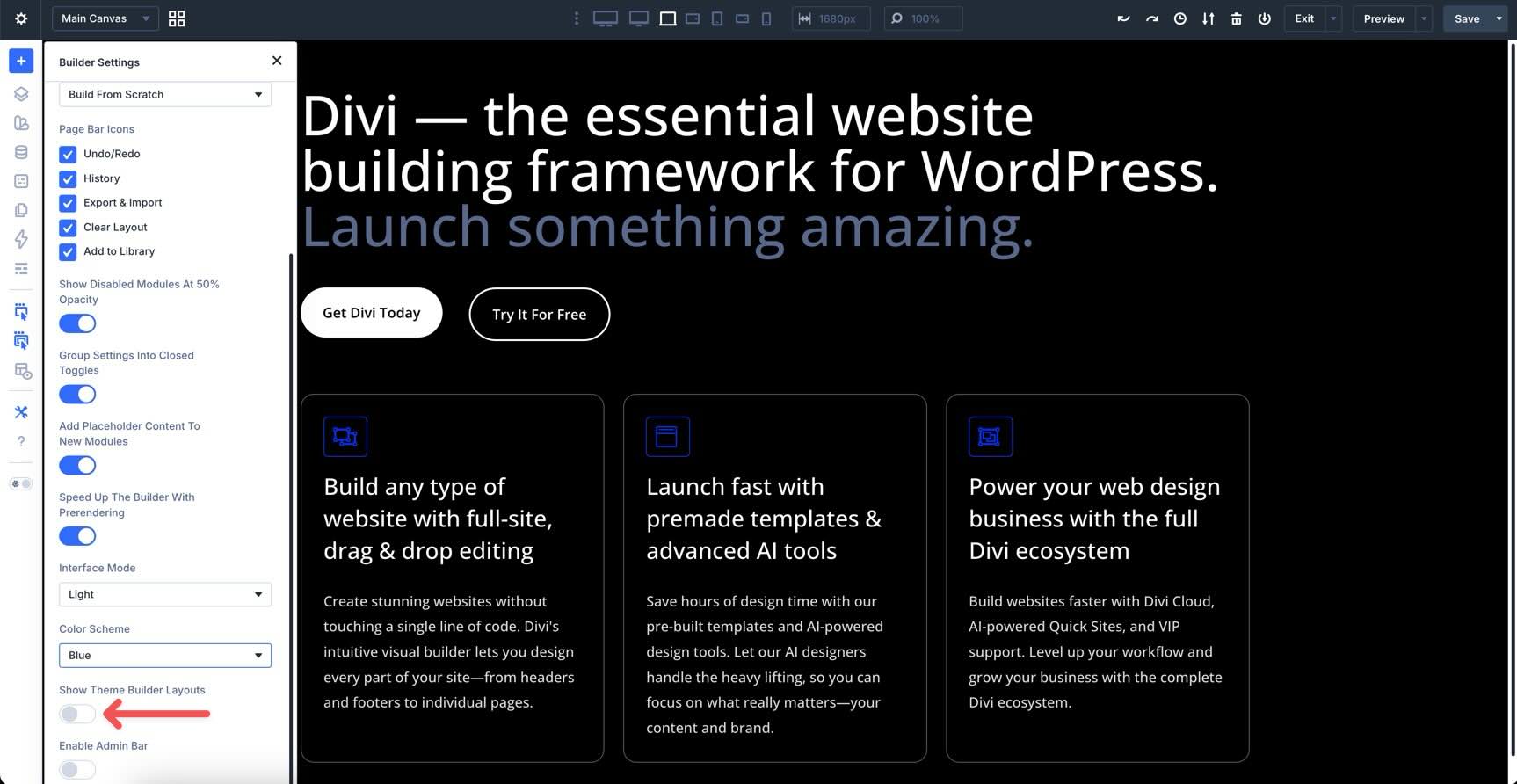 show theme builder layouts
