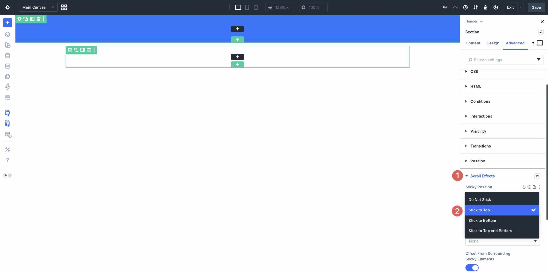 Set the custom header to Stick to Top in Divi 5