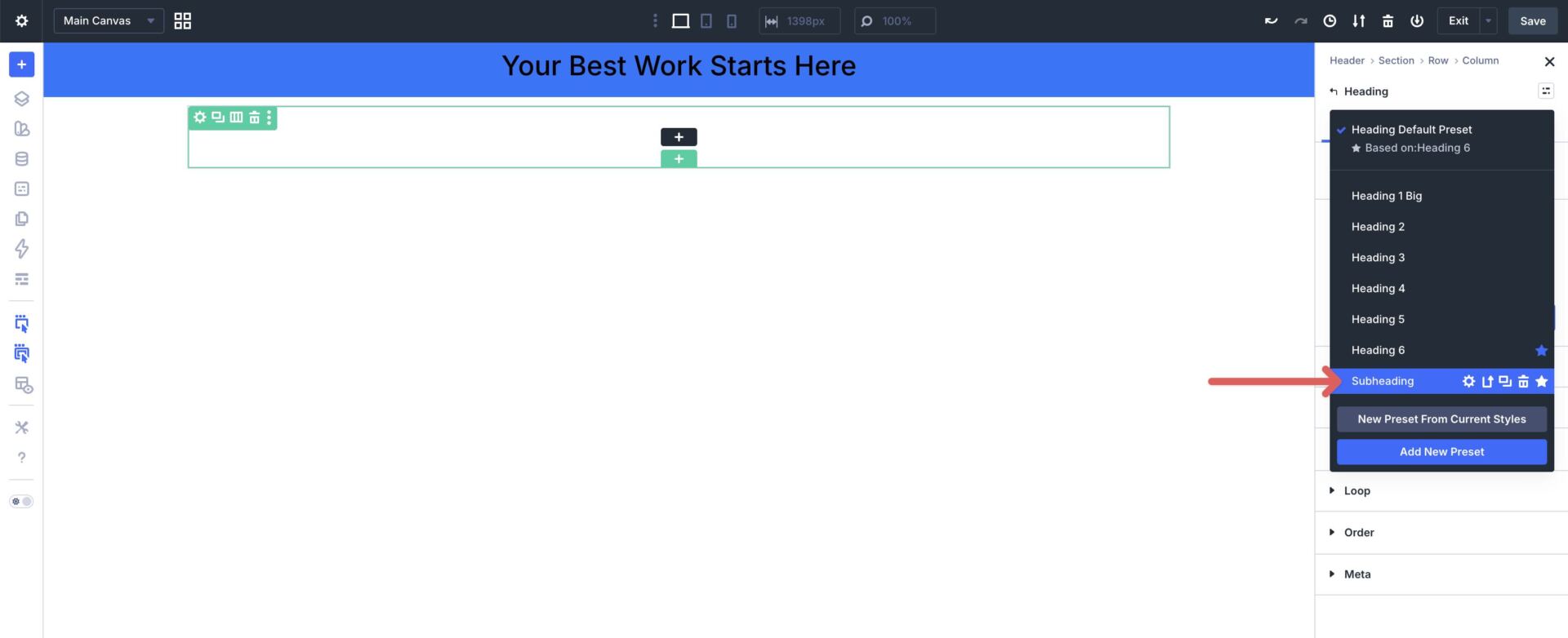 Choose the Subheading preset in Divi 5