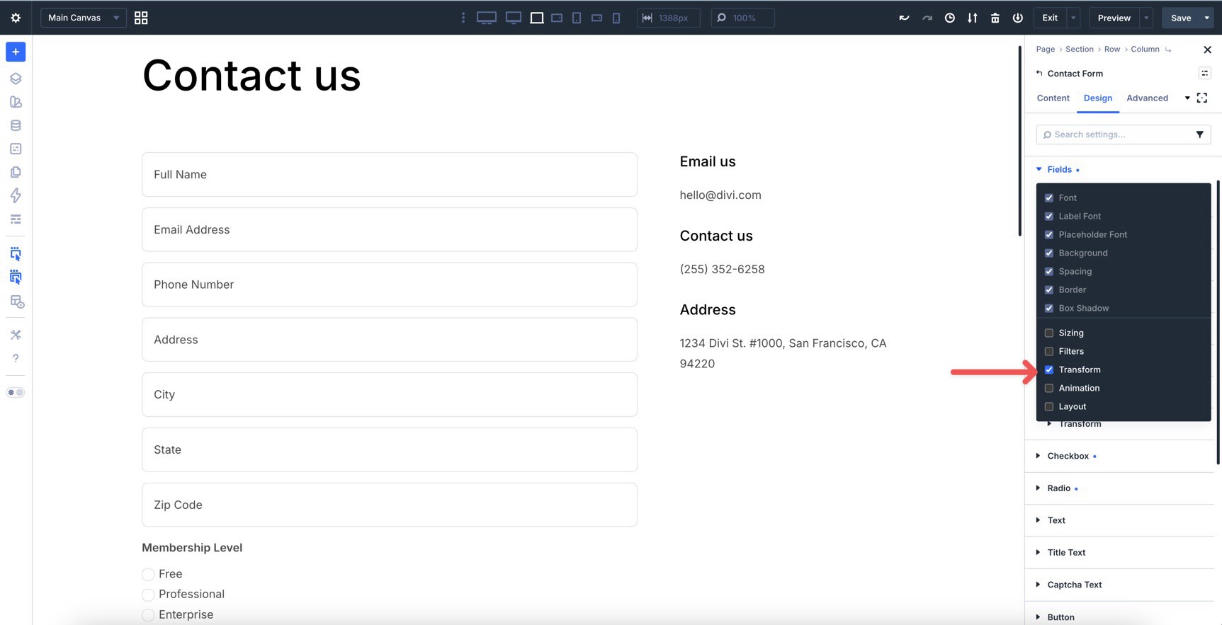 Enable Transform options with Composable Settings in Divi 5