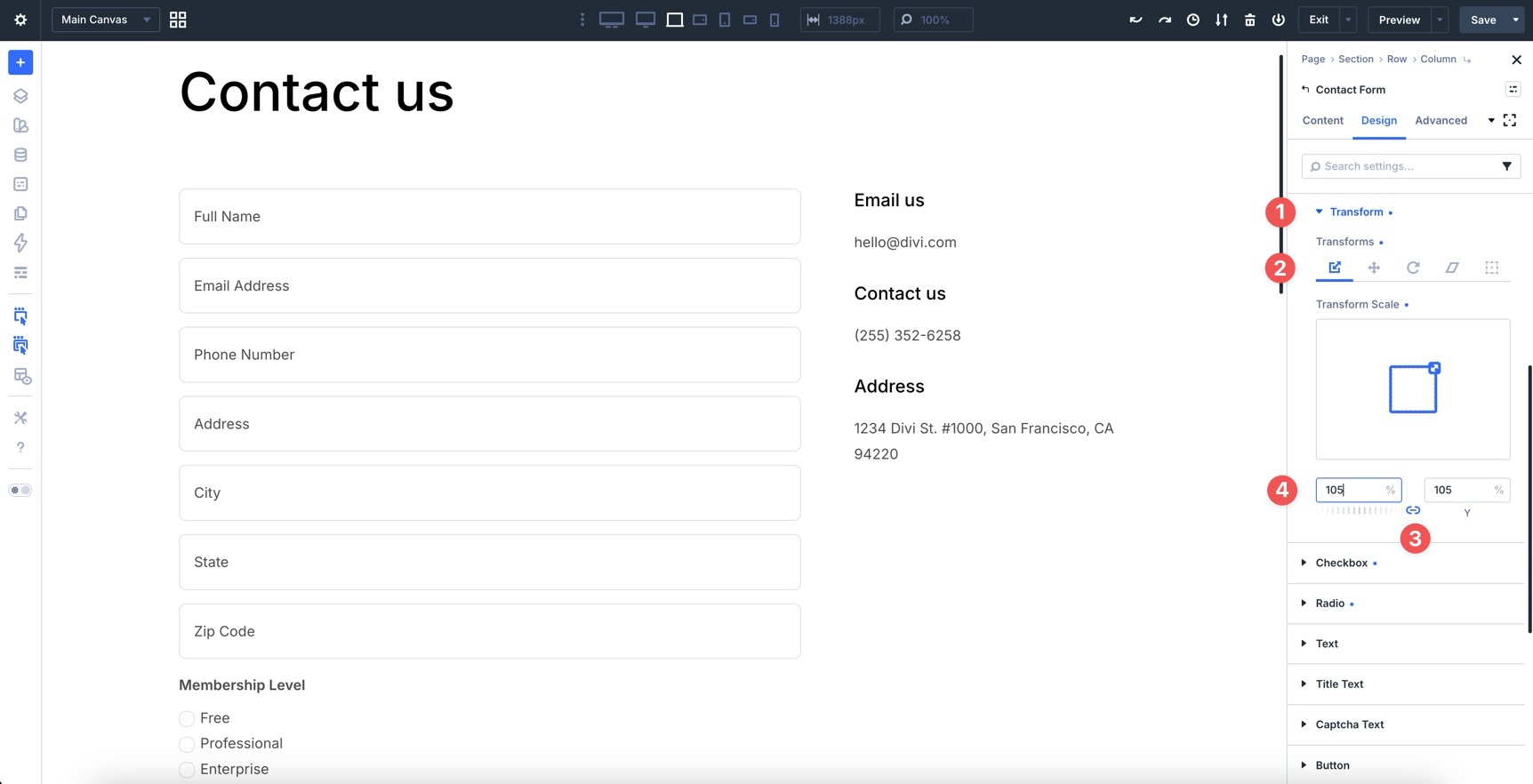 Transform Scale settings for a focused form field in Divi 5