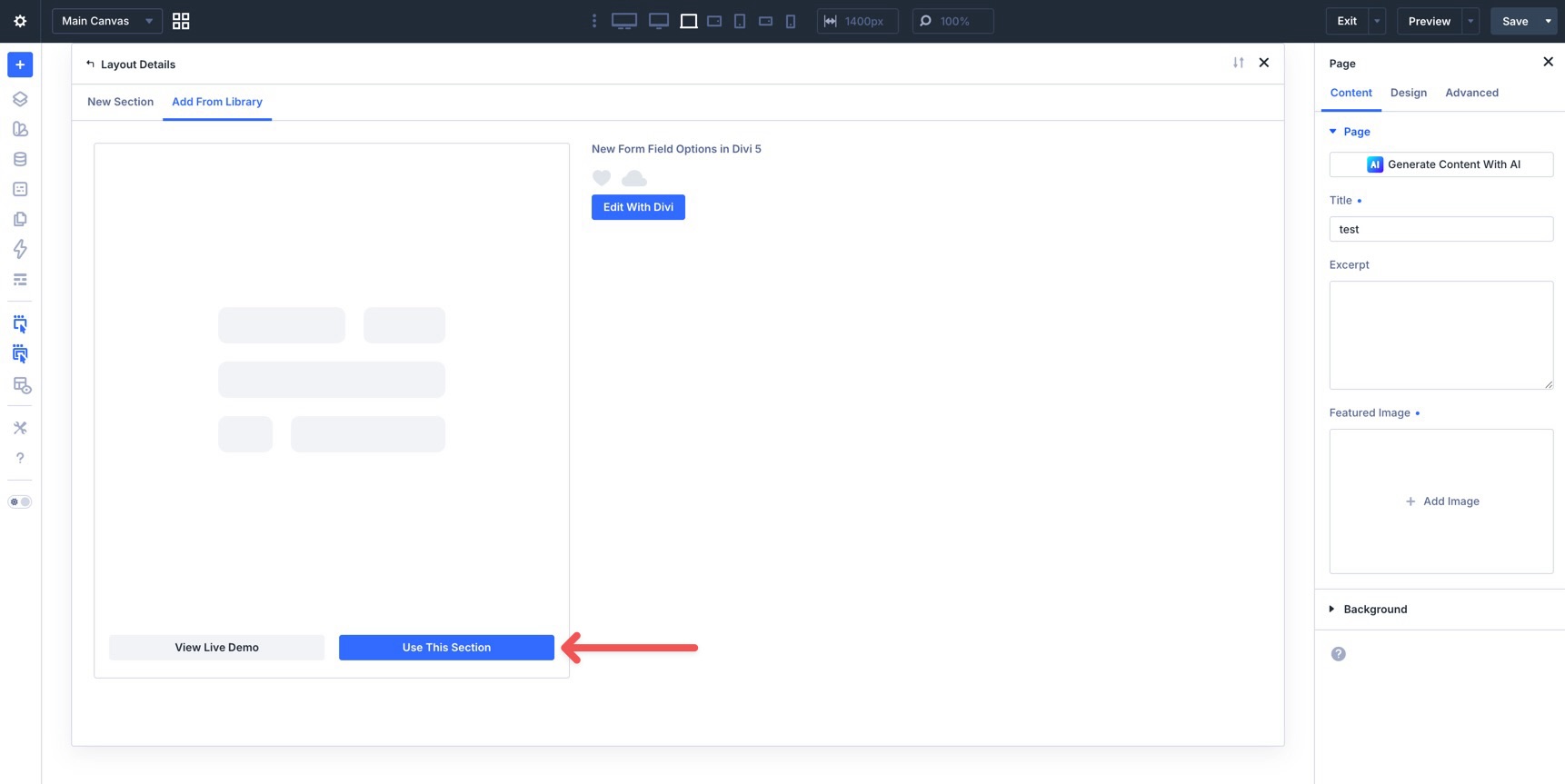Use a saved Section from the Divi Library