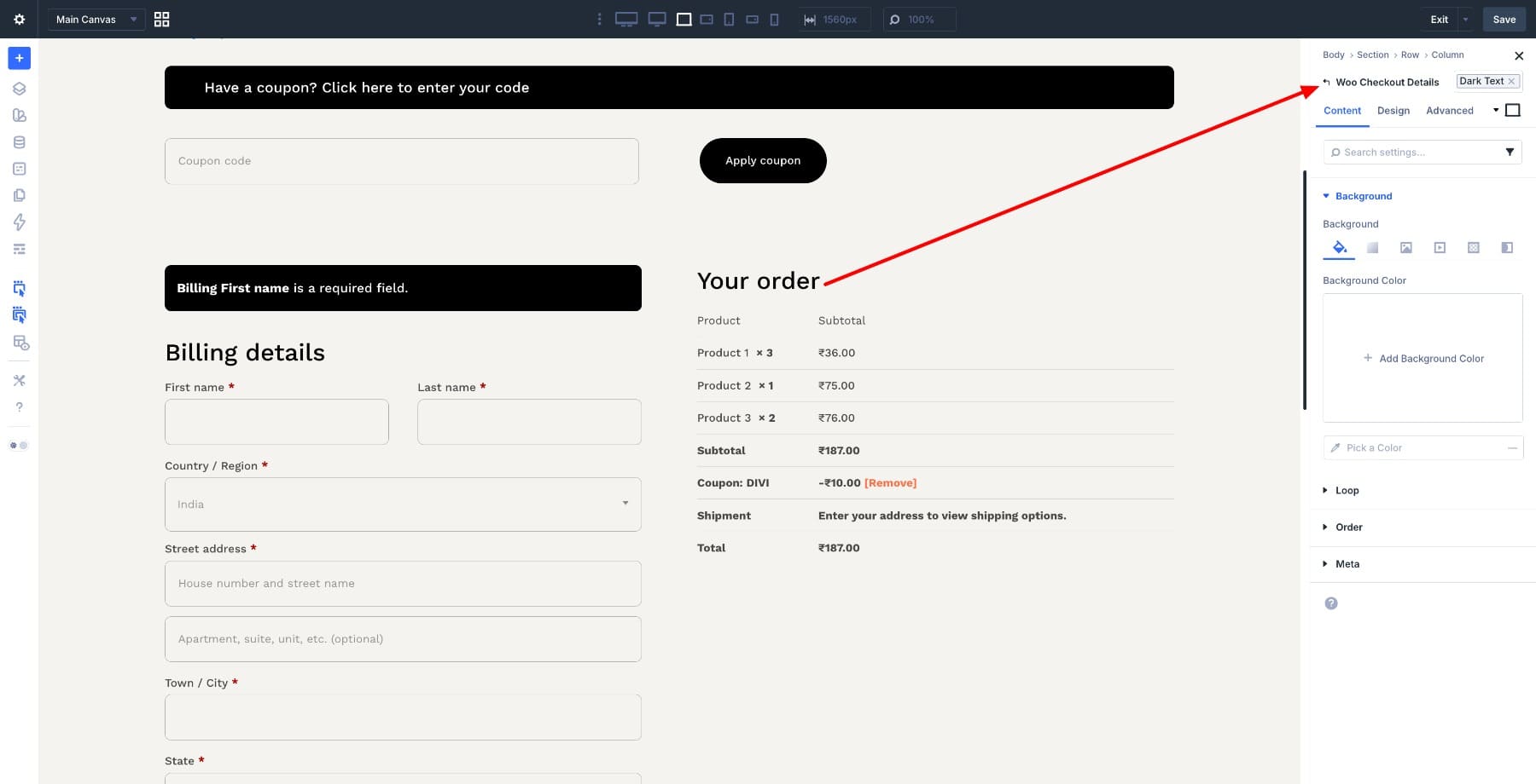 Woo Checkout Details module in Divi 5