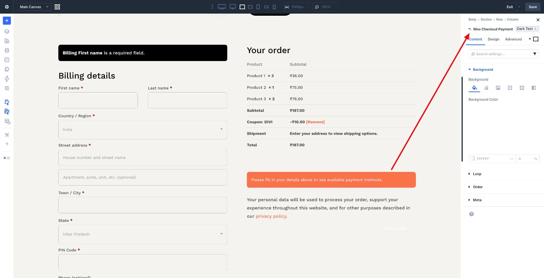 Woo Checkout Payment module in Divi 5
