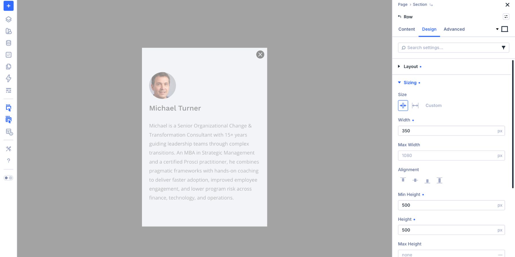 Mentor Info modal created on a separate Canvas in Divi 5