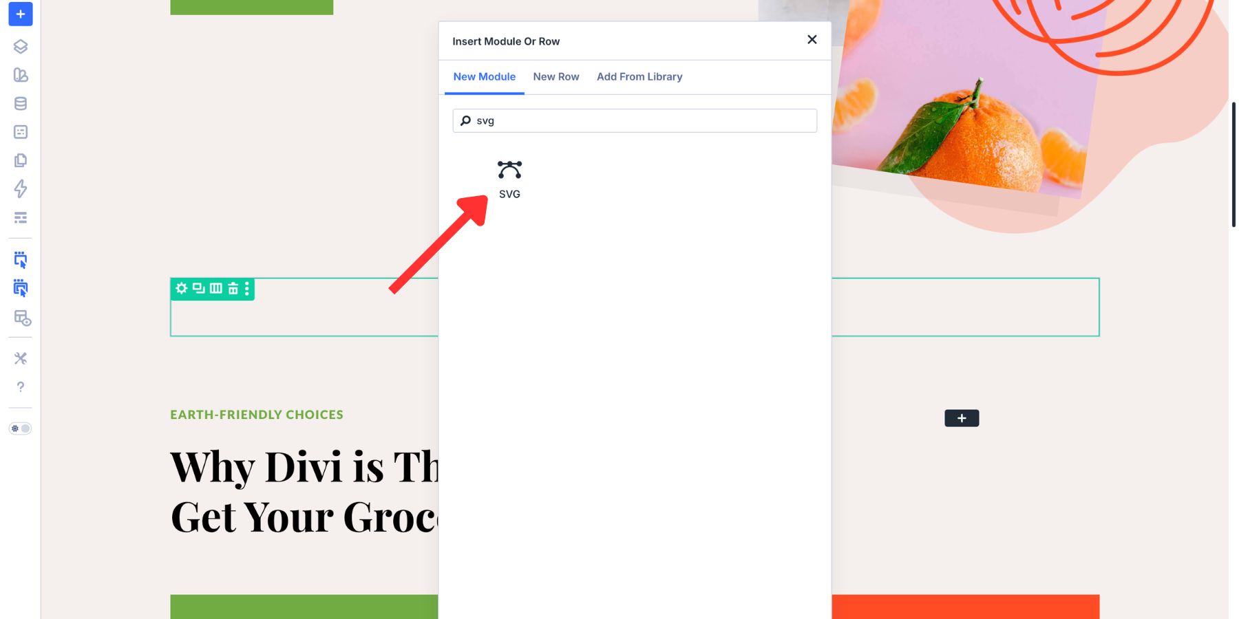 A screenshot of the SVG module showing up in the module selector in Divi 5