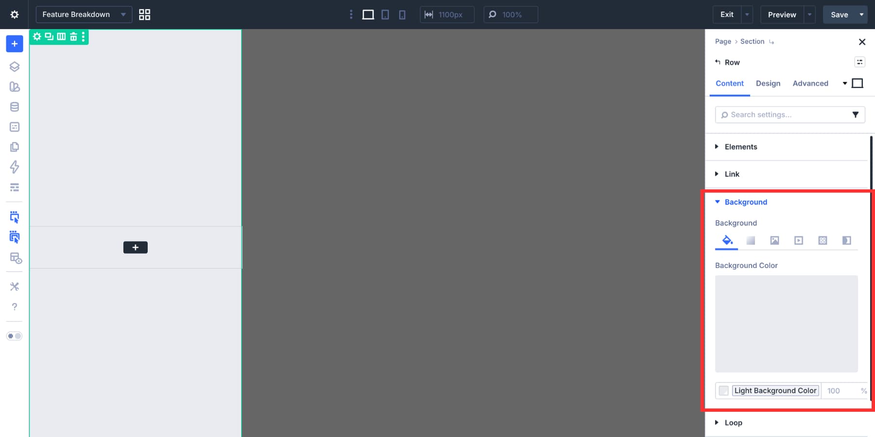 Background color applied to a modal panel row in Divi 5