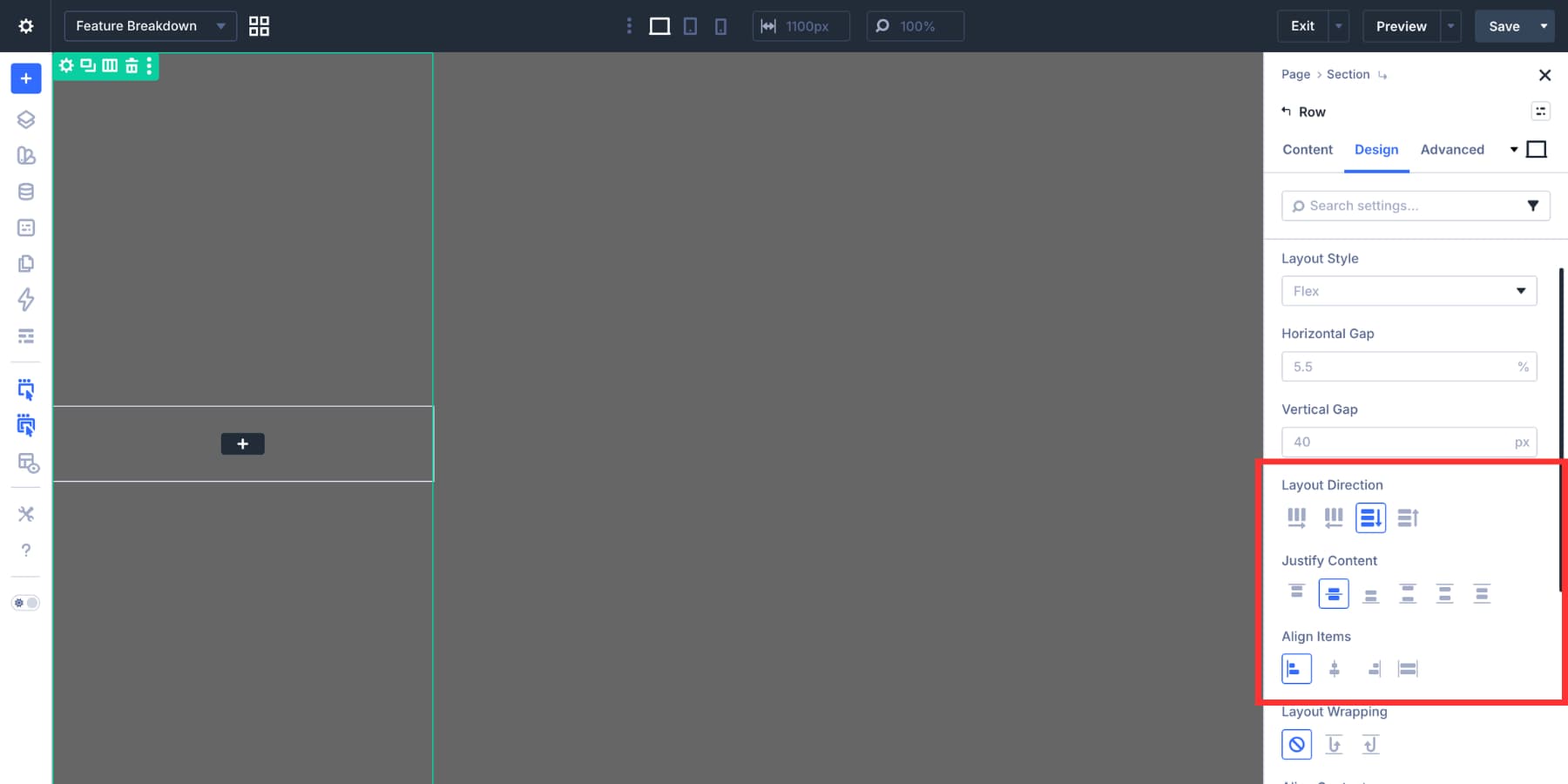 Column layout settings for a Divi 5 modal panel