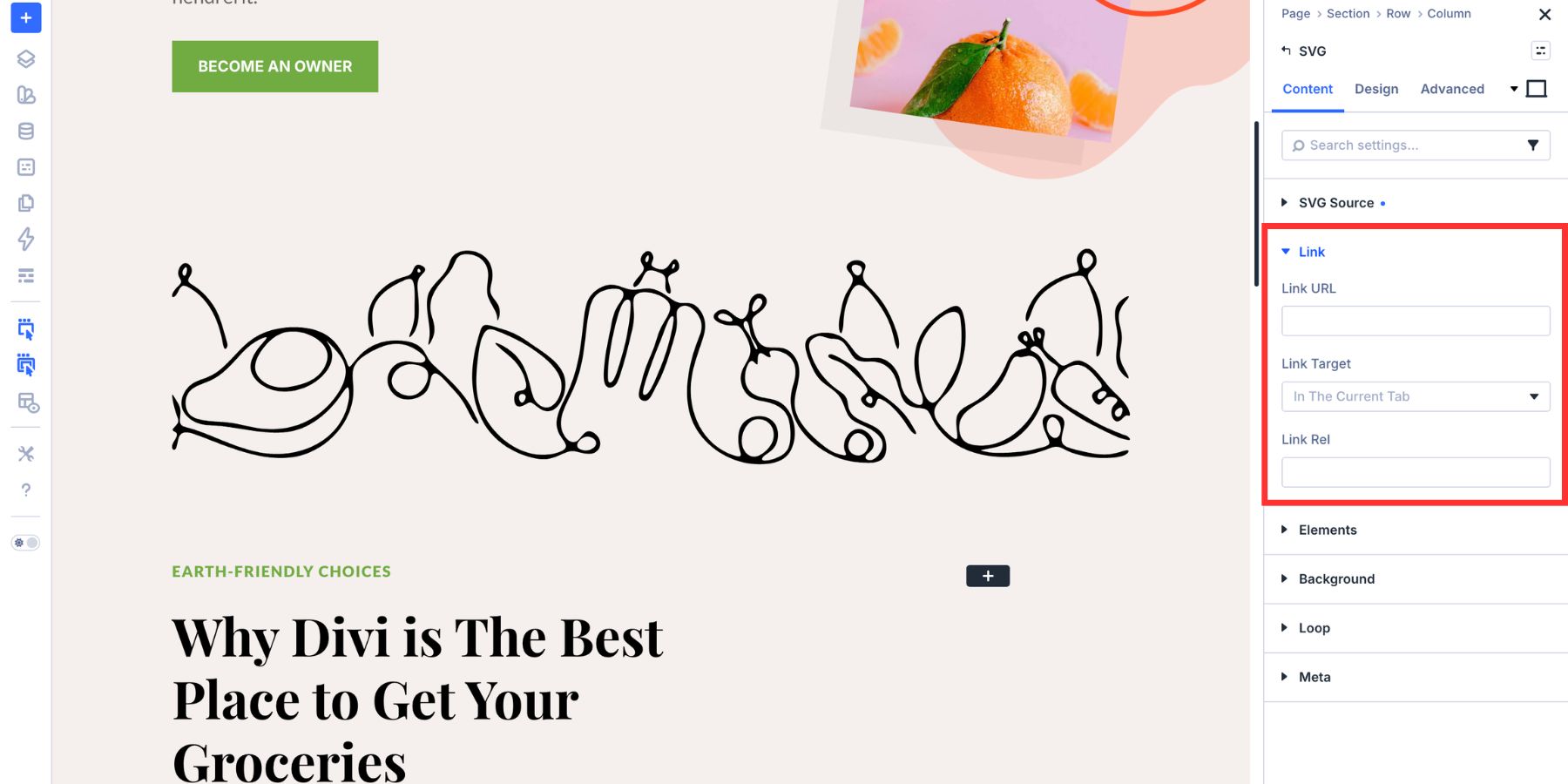 A screenshot of the the link tab for the SVG module