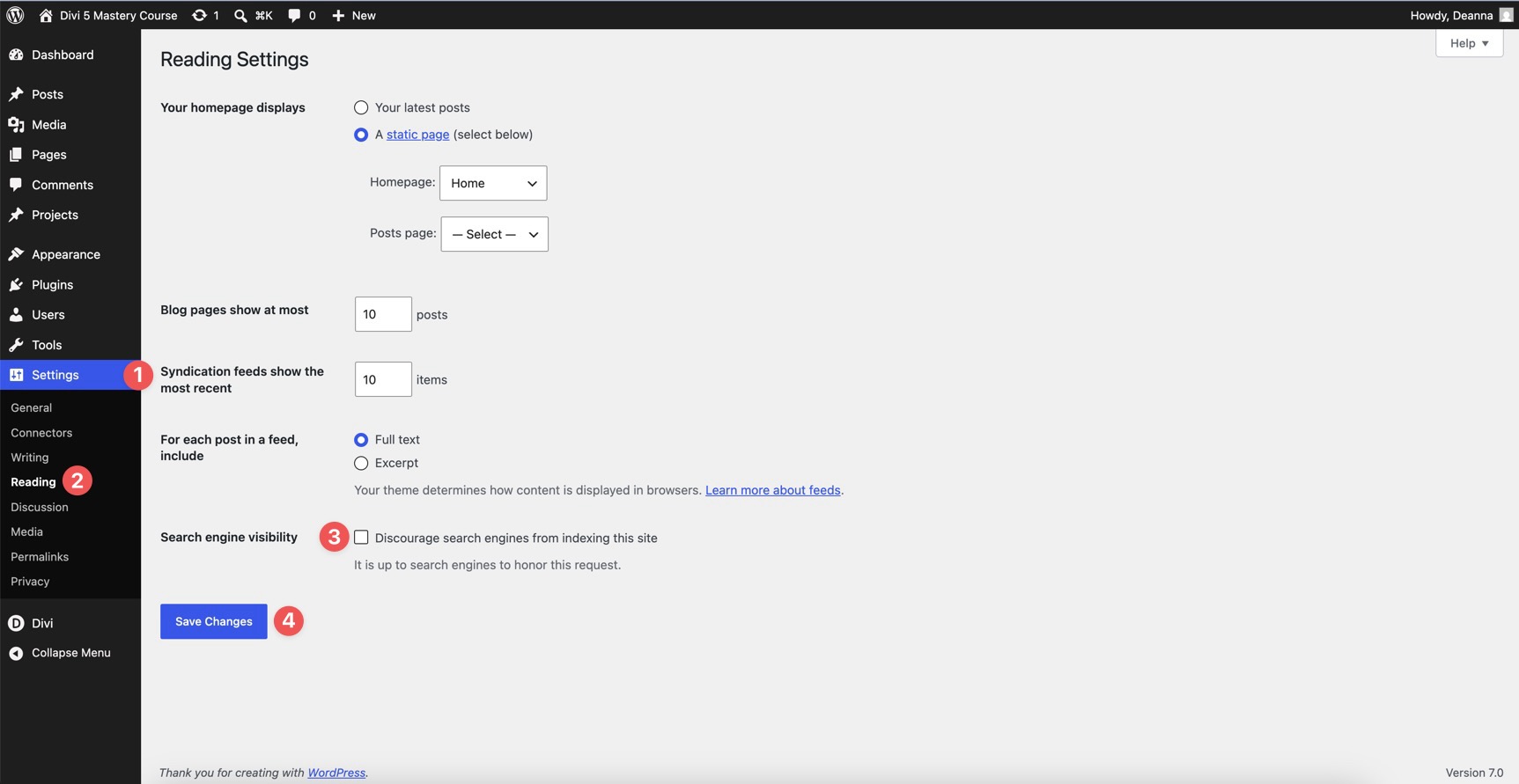 WordPress Reading settings before launch