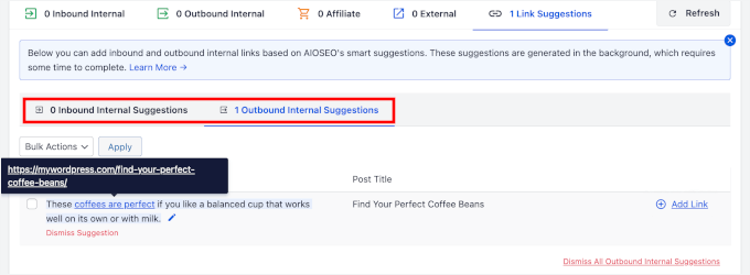 Inbound and outbound link suggestions