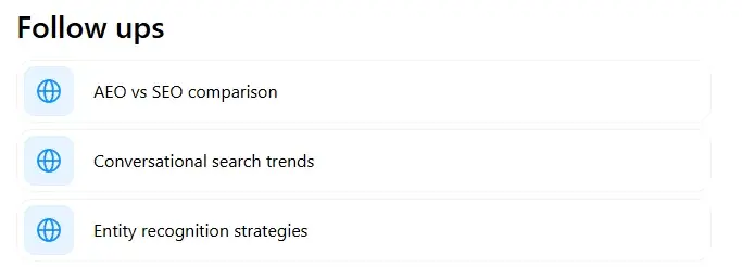 screenshot shows how follow-ups in ai tools can help with keyword research for answer engine optimization.