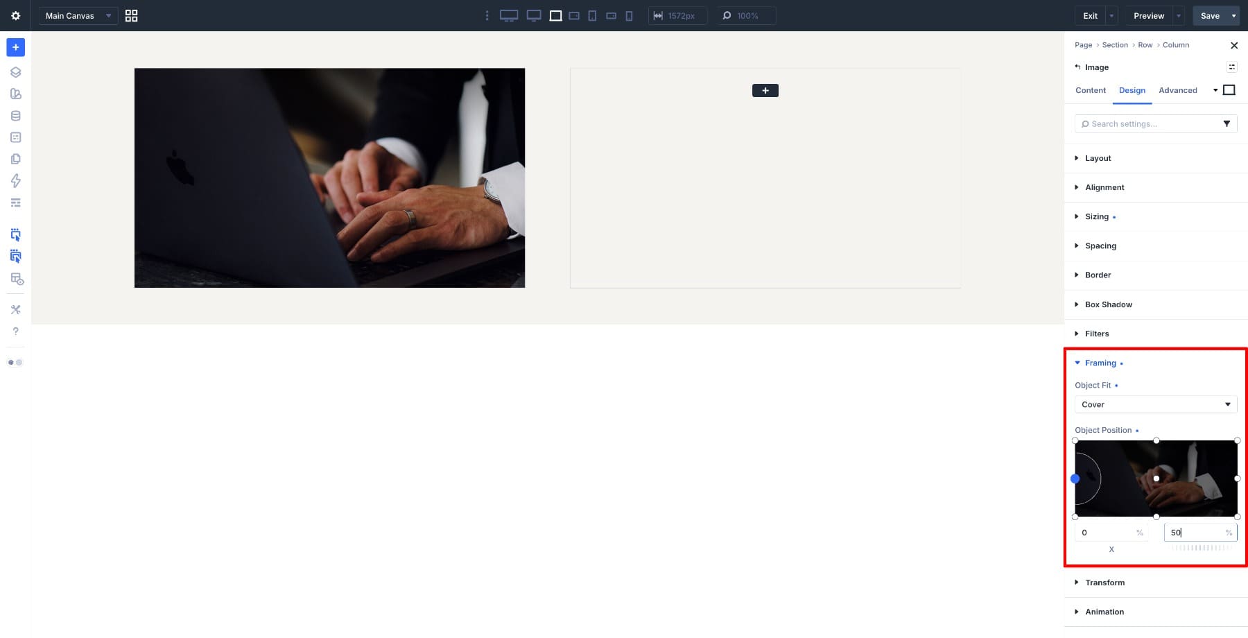 Object Position set to 0% and 50% in Divi 5