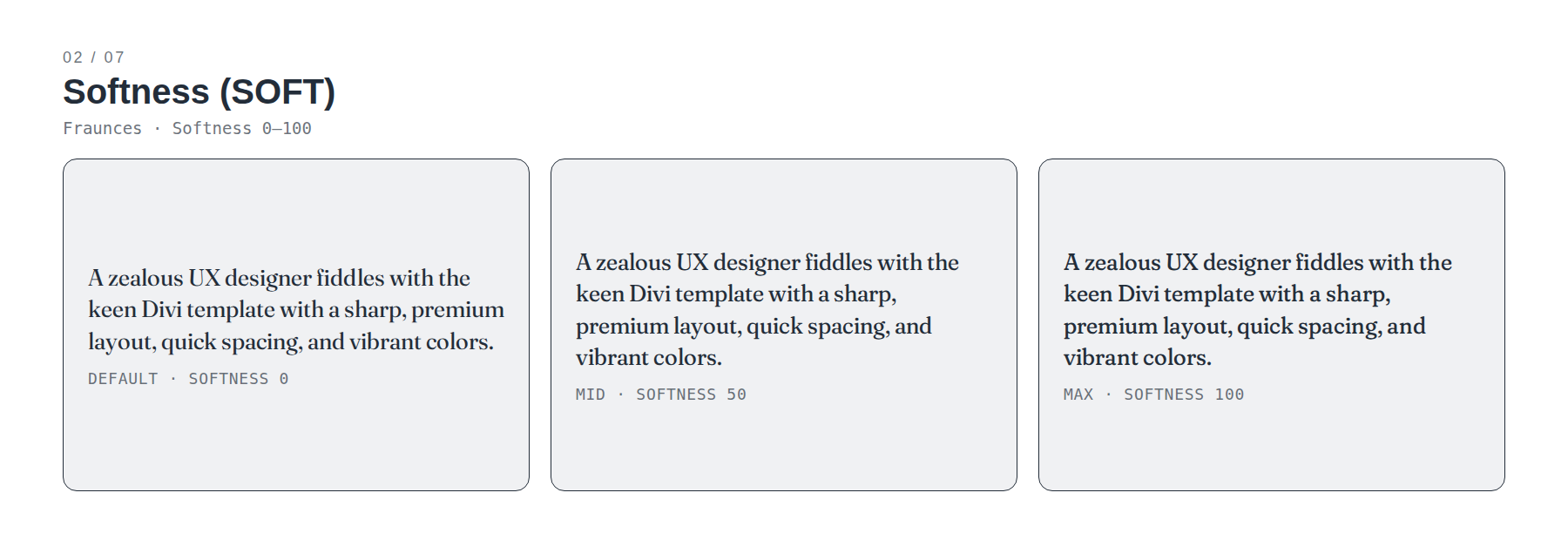 Fraunces softness axis comparison from crisp edges to softer letterforms