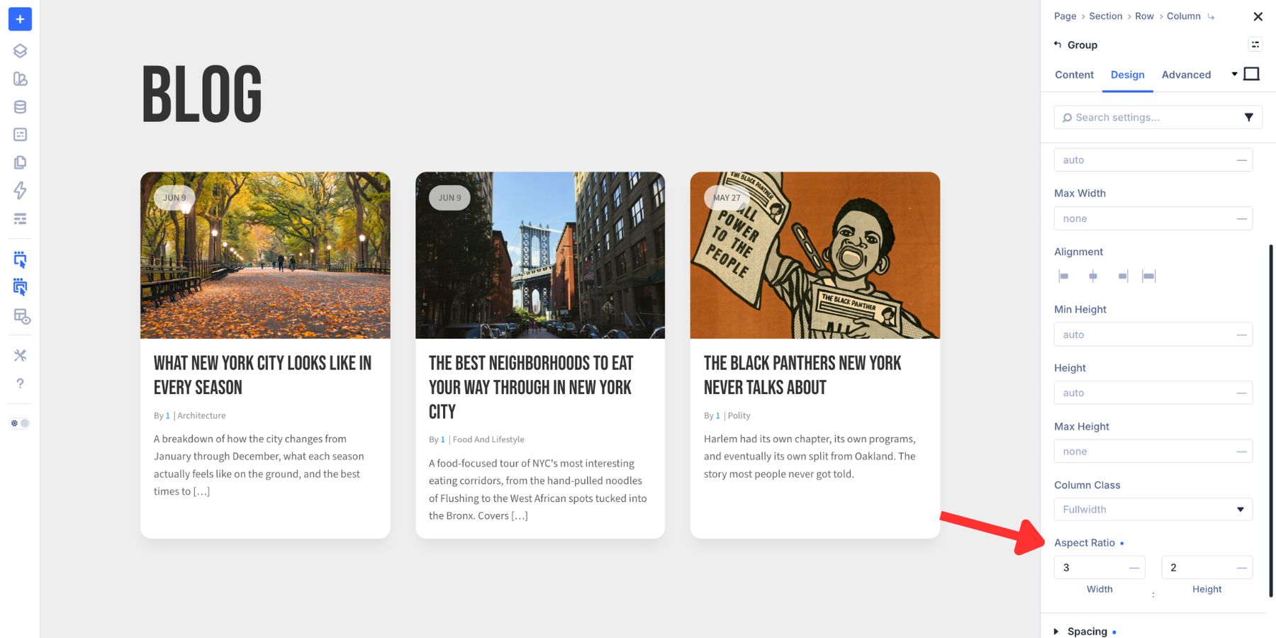 Applying an aspect ratio to a blog post featured image in Divi 5