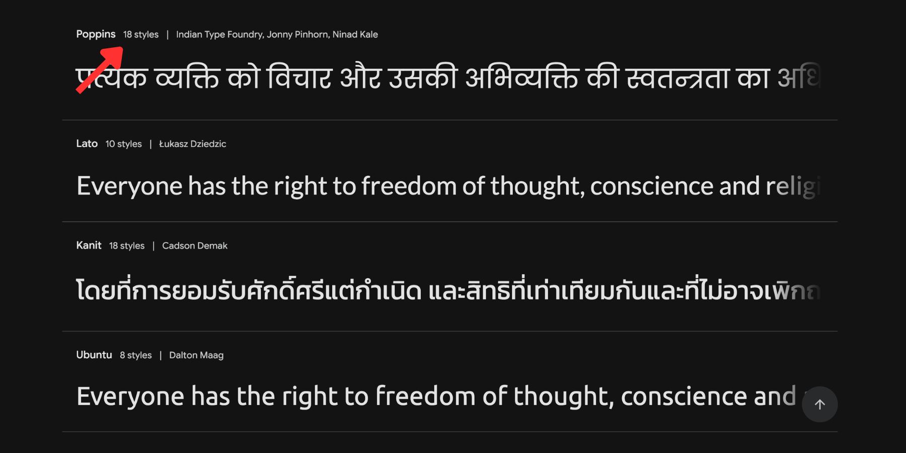 Static font styles listed in Google Fonts