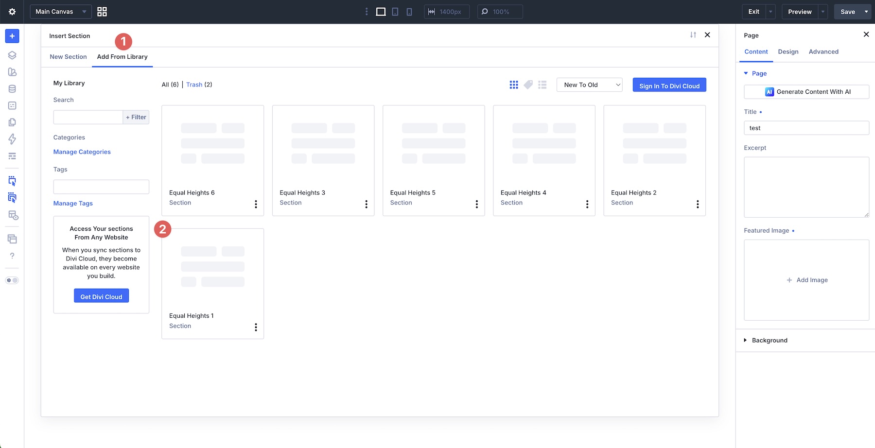 add a new section from the Divi Library