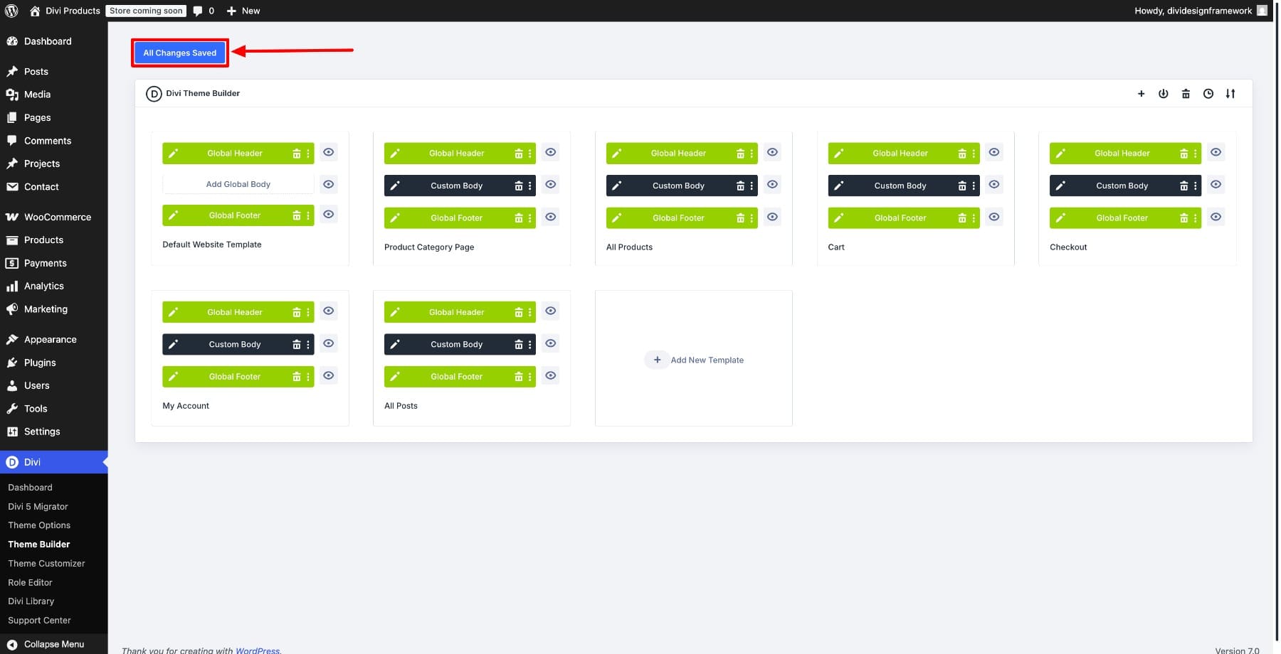 Save changes in the Divi Theme Builder