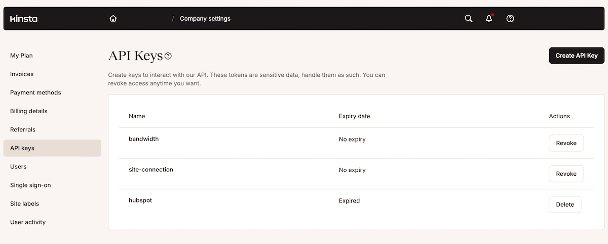 The MyKinsta dashboard showing a list of active and expired API keys, along with the options to create new ones.